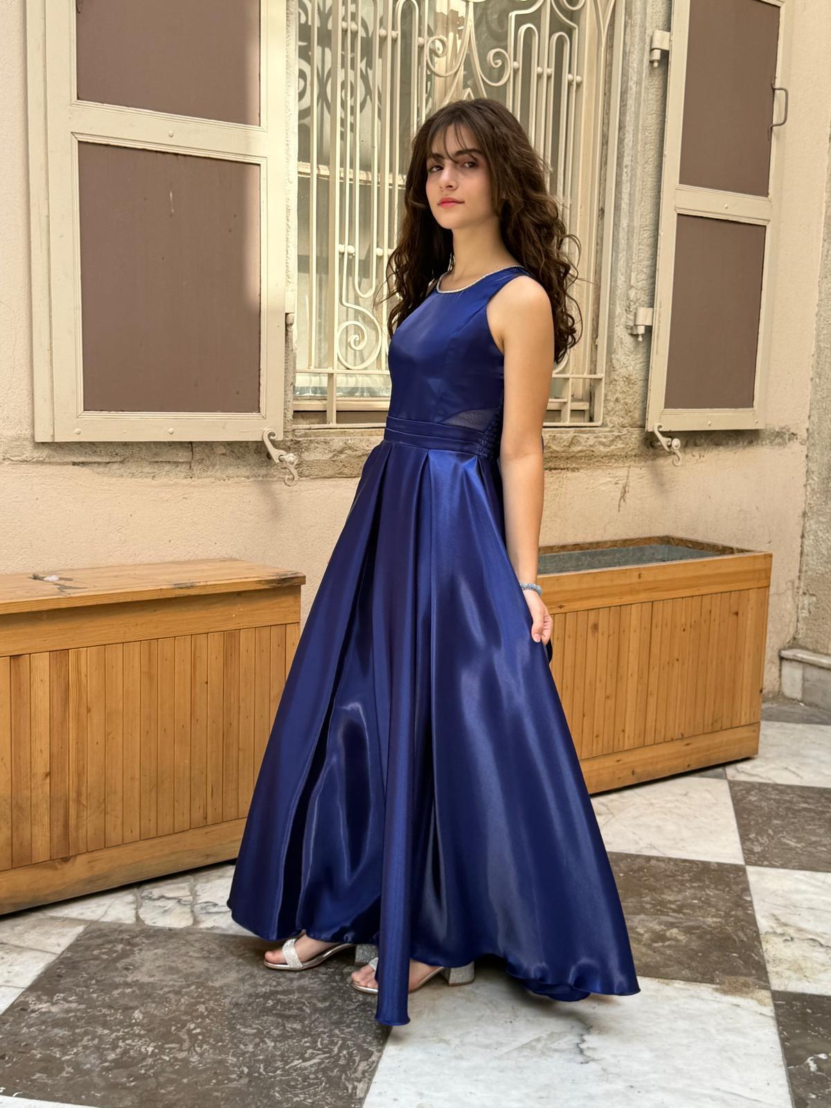 Kız Çocuk Abiye Saks Mavi Parlak Saten Uzun Sırt Fiyonklu Abiye Elbise 10-15 Yaş