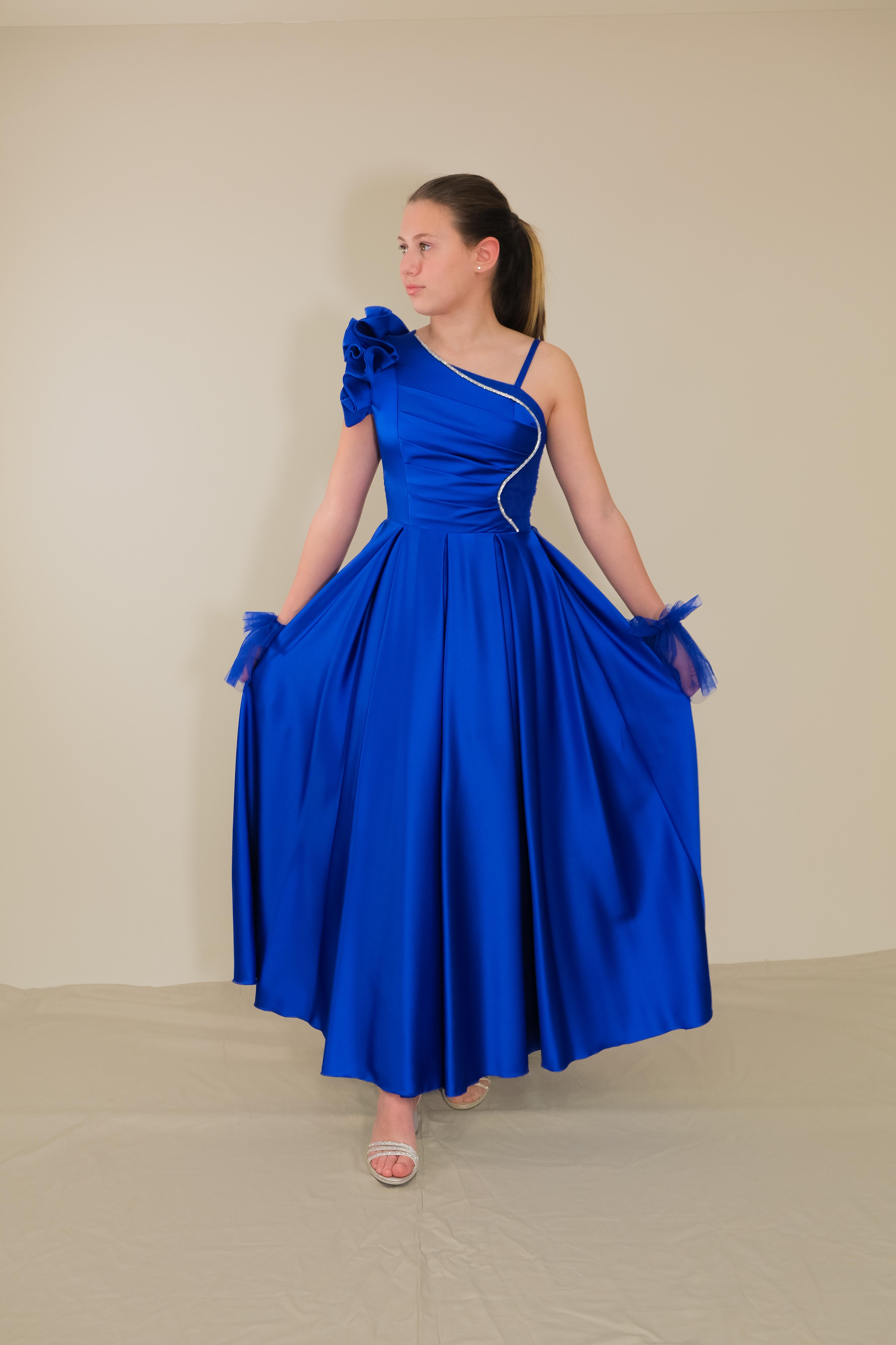 Kız Çocuk Abiye Saten Saksmavi Tek Omuz Farbalı Tül ve Taş Detaylı Eldivenli Abiye Elbise 10-15 Yaş