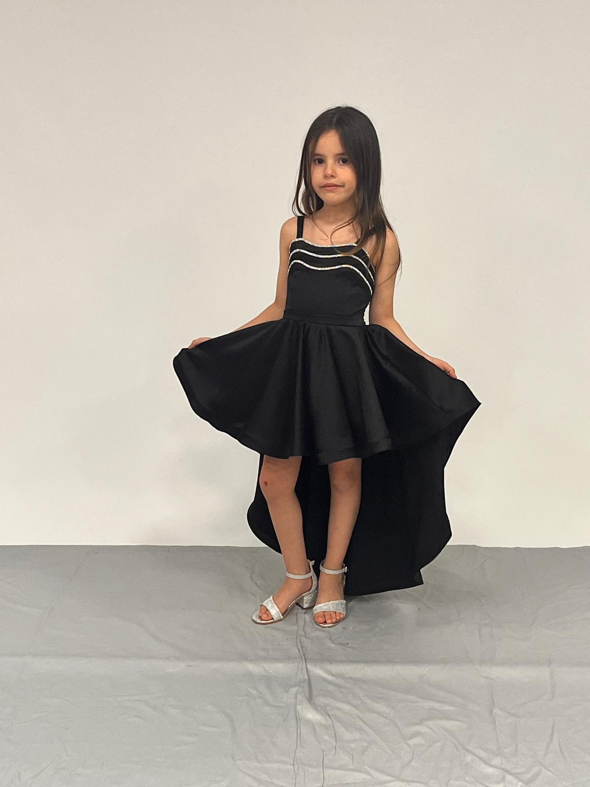Kız Çocuk Abiye Siyah Saten Kuyruklu Yaka Şerit Taşlı  Abiye Elbise 5-10 yaşYaş