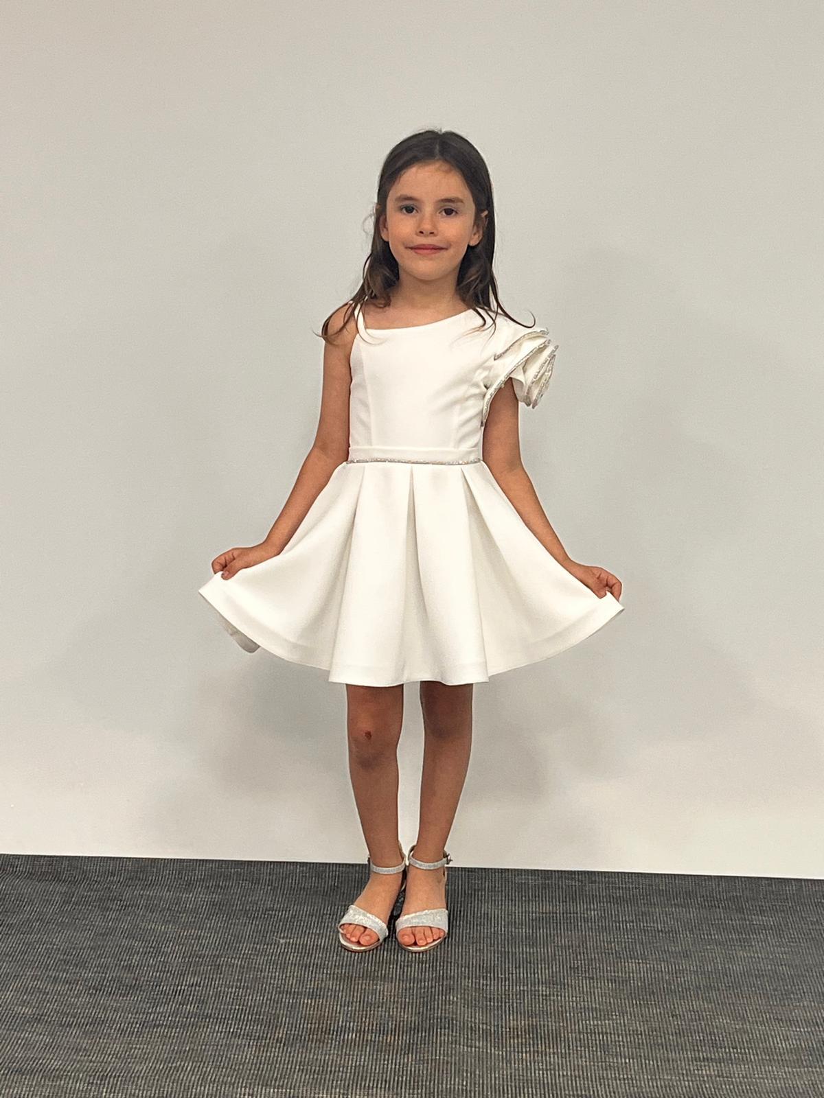 Kız Çocuk Abiye Krem Kısa Tek  Omuz Gül  Detaylı Krep Kumaş Abiye Elbise 5-10 Yaş