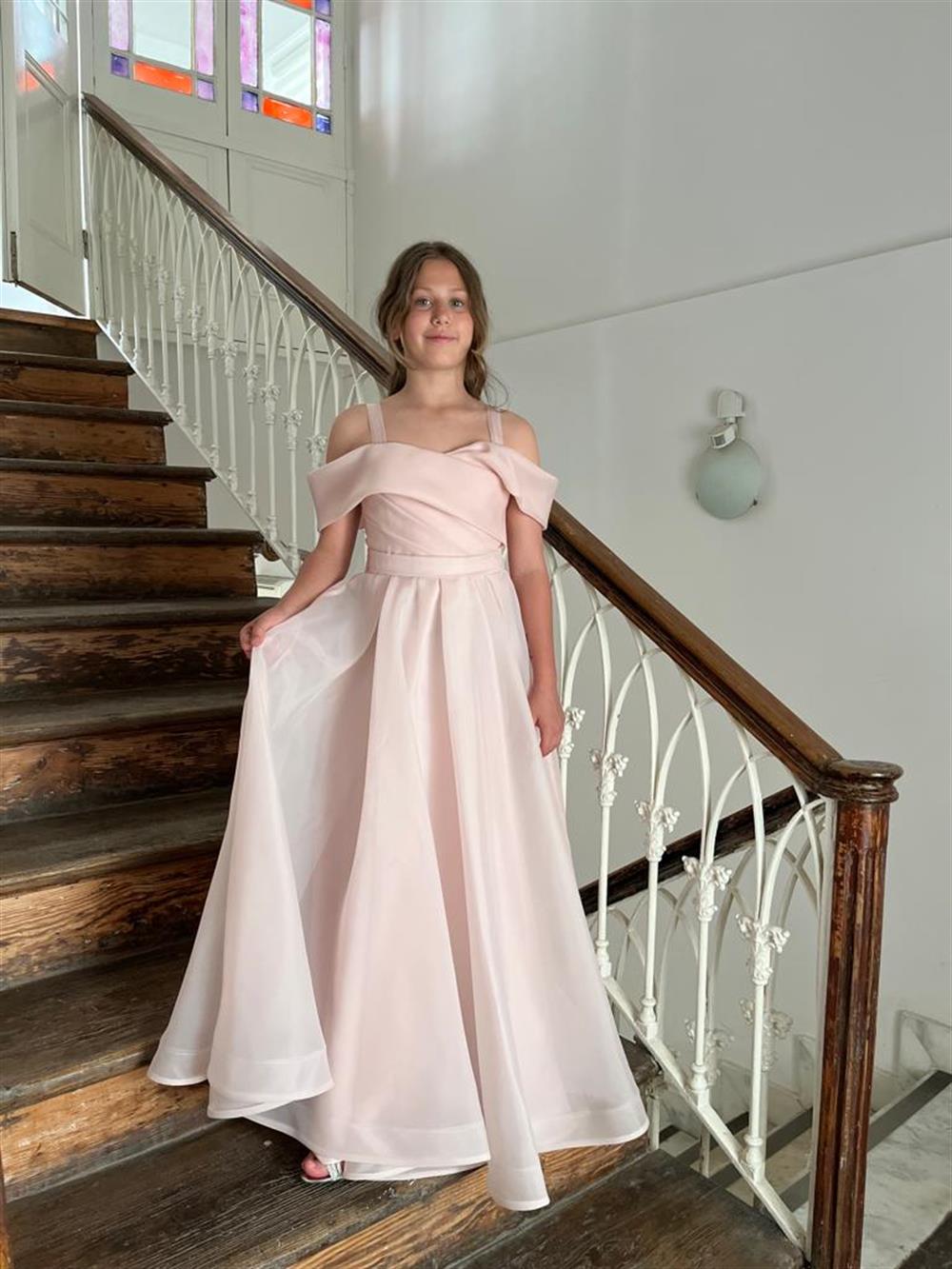 Kız Uzun Pudra Askılı Şifon Abiye 10-14 Yaş 