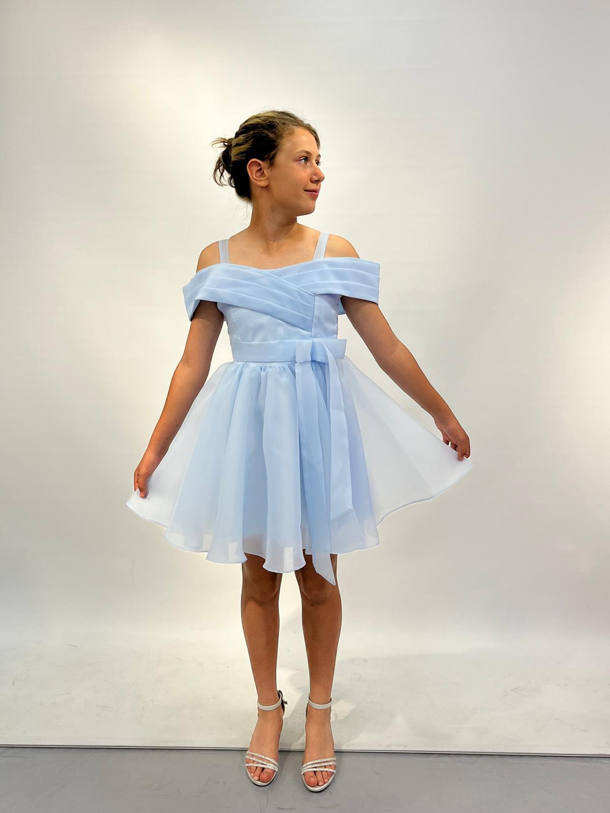 Kız Çocuk Abiye Mavi Askılı Düşük Omuzlu Kısa Şifon Abiye Elbise 10-14 Yaş