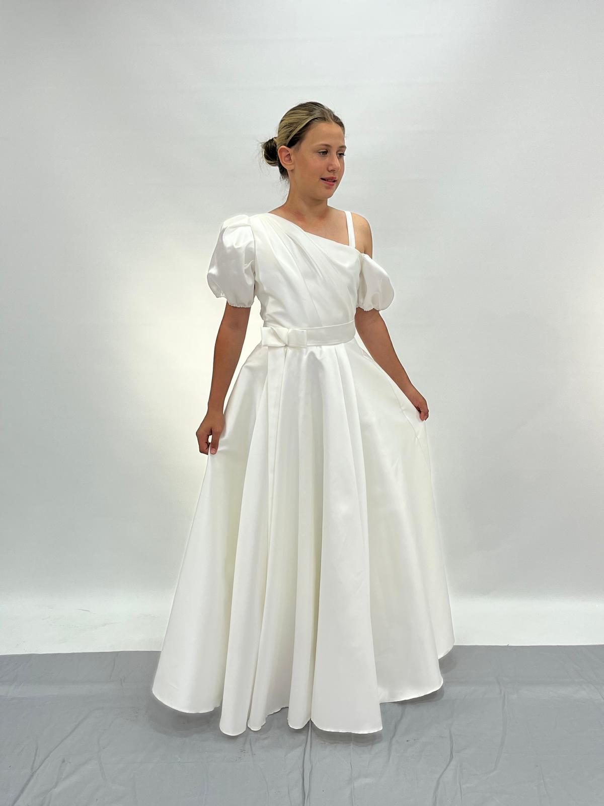 Kız Çocuk Krem Yarım Kollu Uzun Fiyonklu Abiye 10-14 Yaş