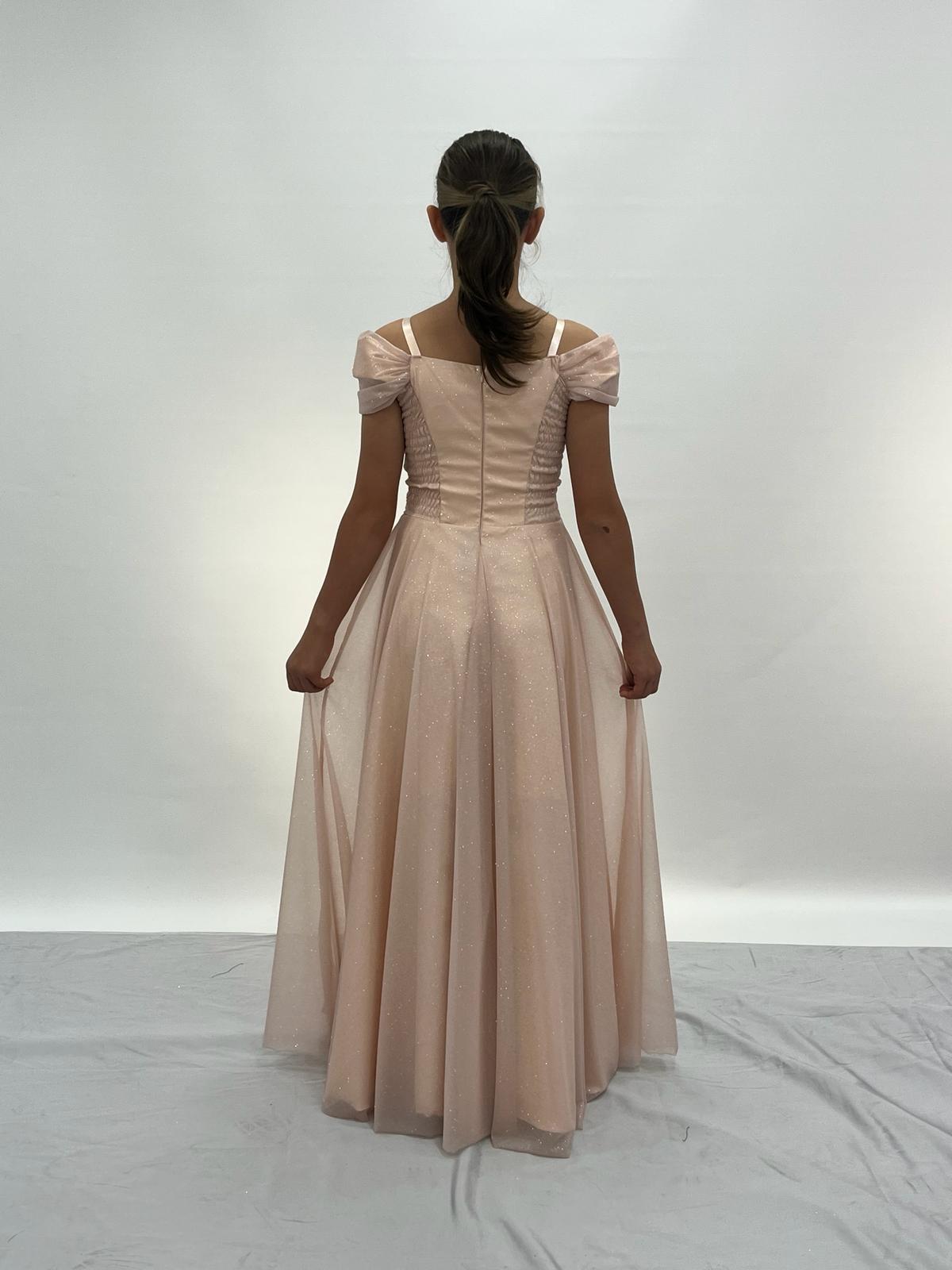 Kız Çocuk Pudra Askılı Omuz Detaylı Pırıltılı Tüllü Uzun Abiye Elbise 10-15 Yaş