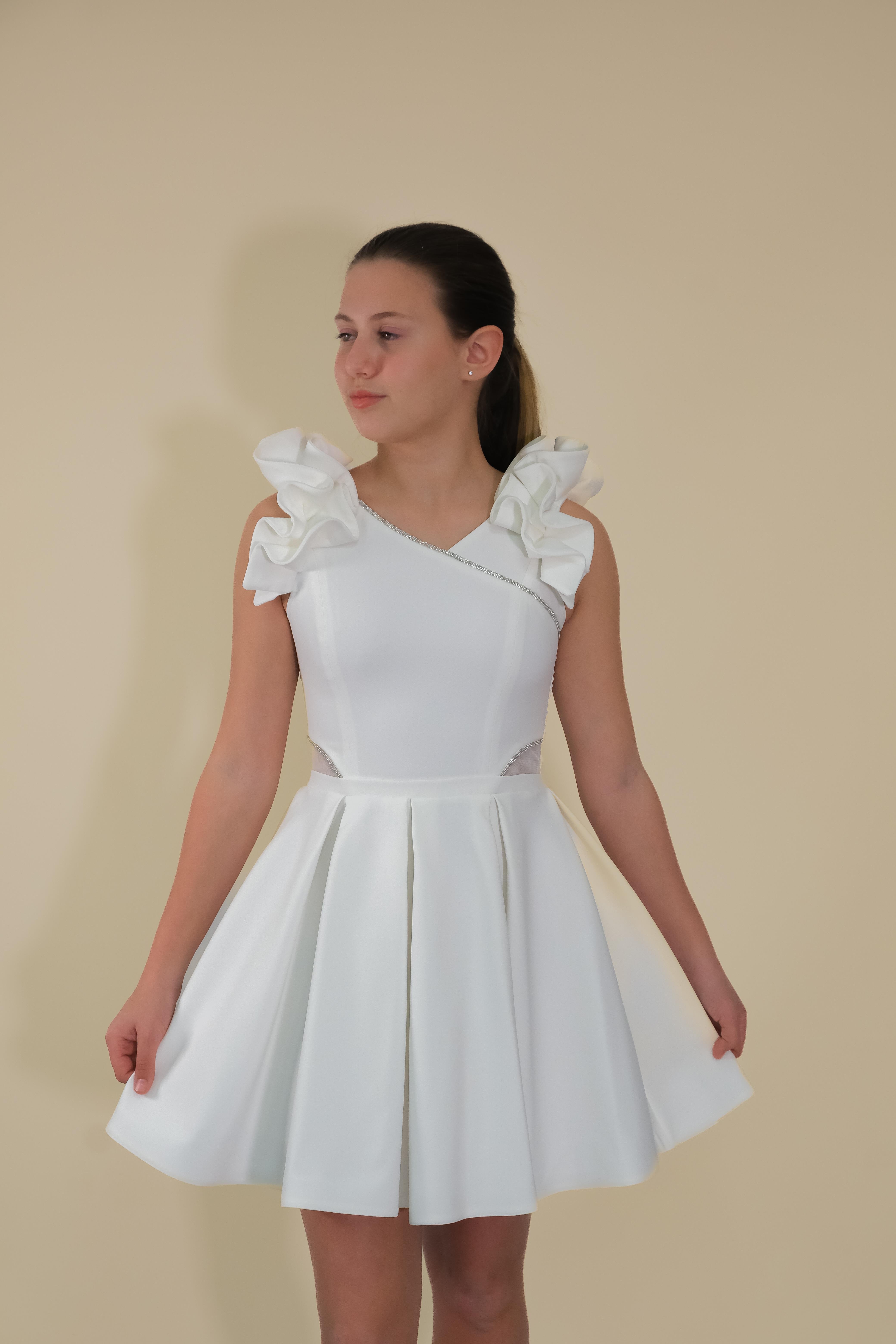 Kız Çocuk Abiye Krem Krep Kumaş  Kolları Farbalı Şerit Taş Detaylı Kısa Abiye Elbise 10-15 Yaş