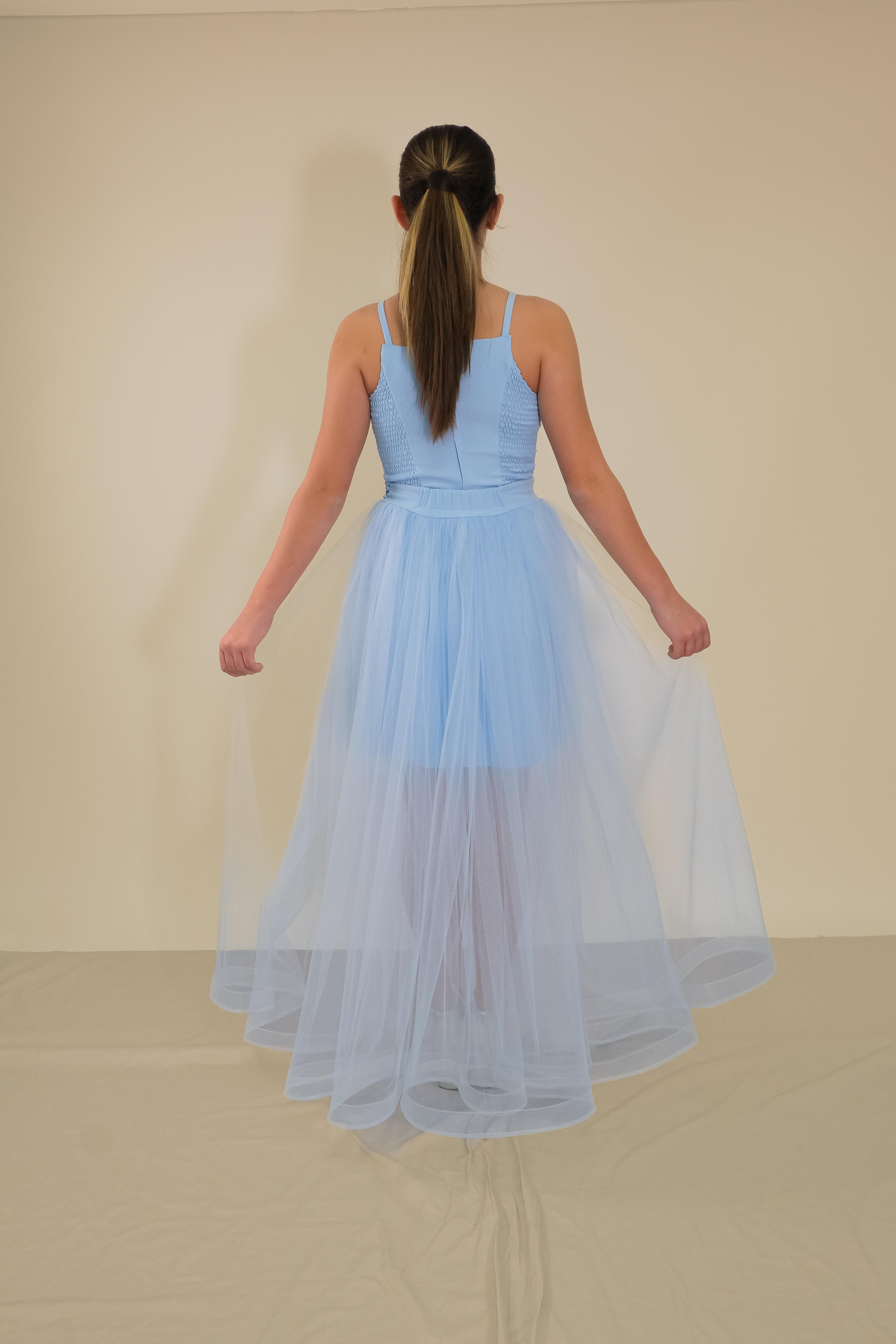 Kız Çocuk Abiye Krep Kumaş Bebe Mavi Mini Şerit Taşlı Askılı Çıkabilen Tül Kuyruklu Abiye Elbise 10-15 Yaş