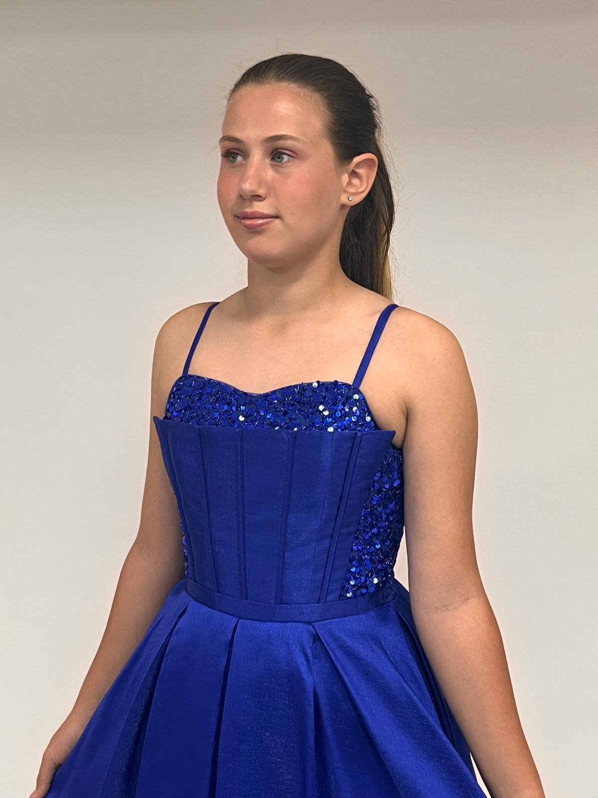 Kız Çocuk Abiye Saks Mavi Tafta Uzun Pül  Payet İşlemeli Biyeli Korseli Abiye Elbise 10-15 Yaş