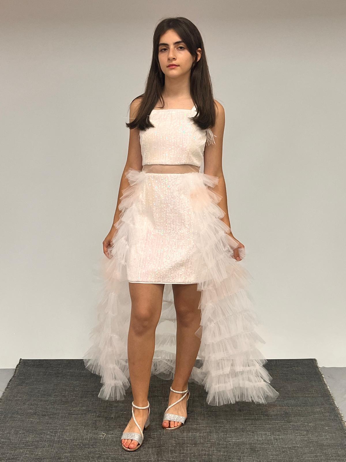 Kız Çocuk Abiye Renkli Beyaz Kısa Payetli Mini Etekleri Kat Kat Abiye Elbise 8-16 Yaş