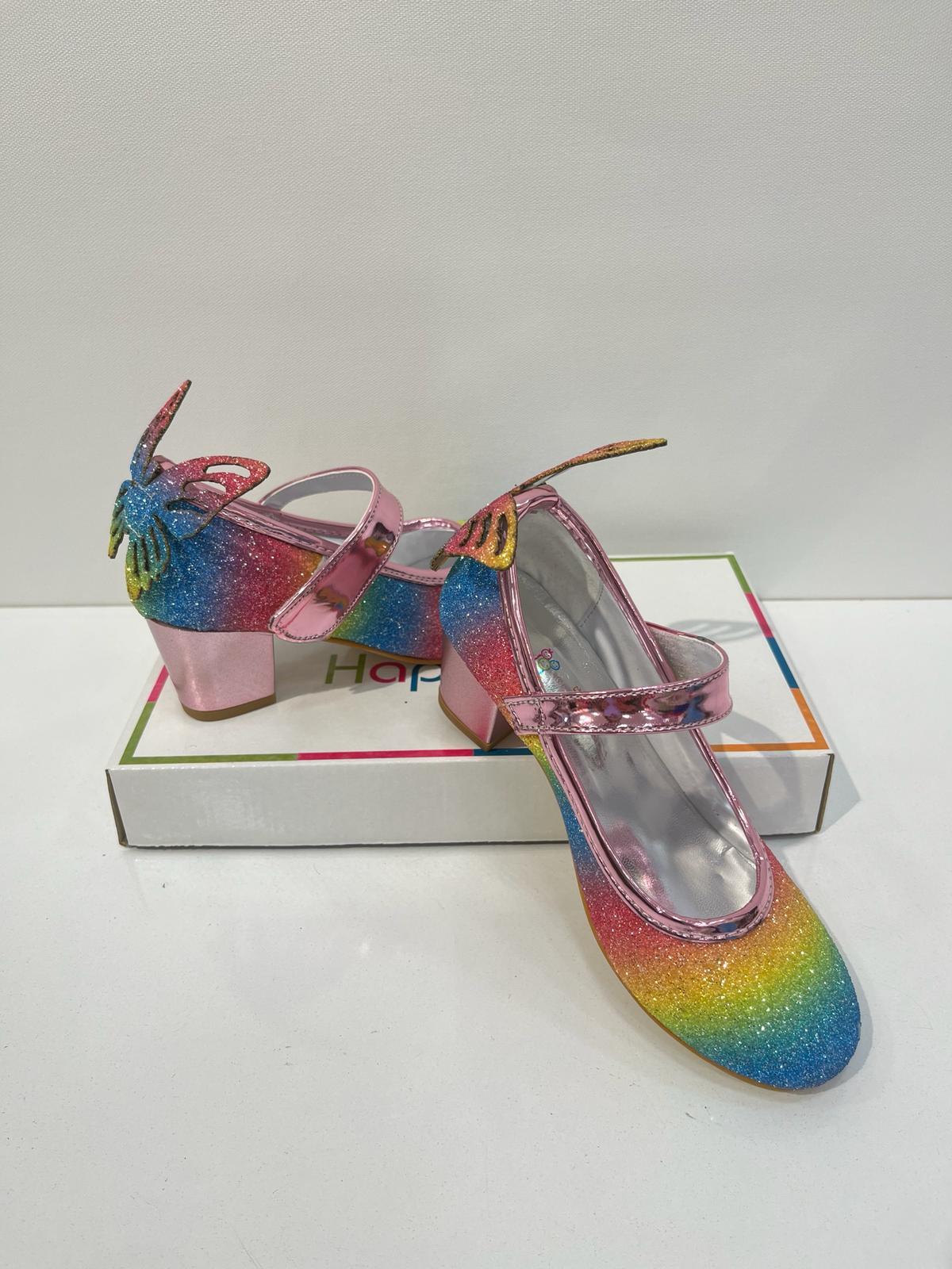 Kız Çocuk Gökkuşağı Renkli Kapalı Kelebekli Parlak  Çocuk Abiye Ayakkabı 26-36 no 