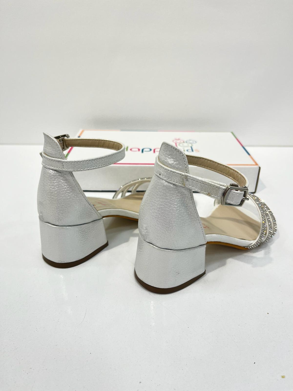 Kız Çocuk Abiye Ayakkabı Krem Sedef Taşlı 3 Bantlı Mezüniyet-Düğün  Topuklu Kız Çocuk Abiye Ayakkabı