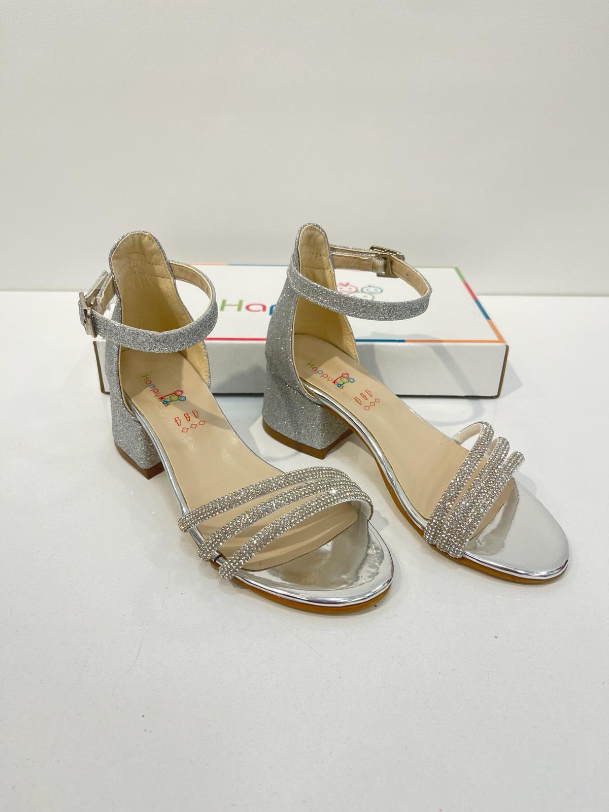 Kız Çocuk Abiye Ayakkabı Gümüş Taşlı 3 Bantlı Mezüniyet-Düğün  Topuklu Kız Çocuk Abiye Ayakkabı