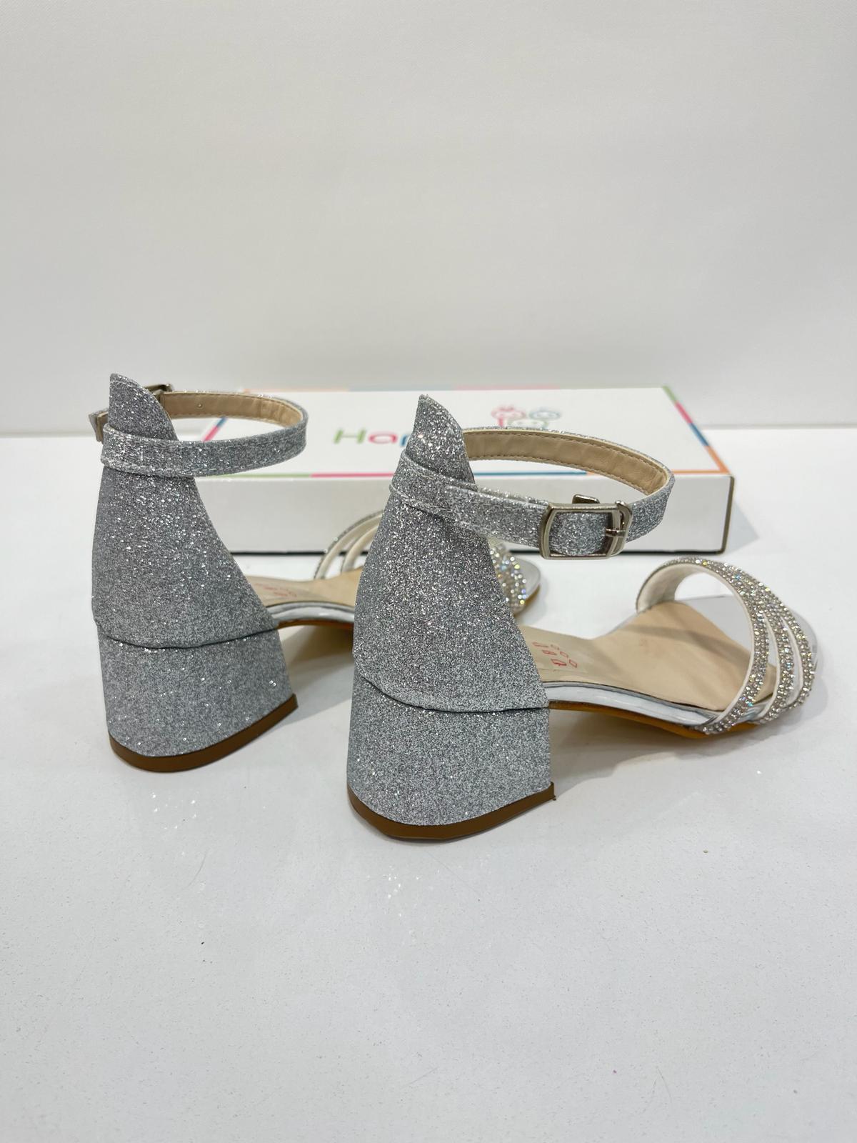 Kız Çocuk Abiye Ayakkabı Gümüş Taşlı 3 Bantlı Mezüniyet-Düğün  Topuklu Kız Çocuk Abiye Ayakkabı