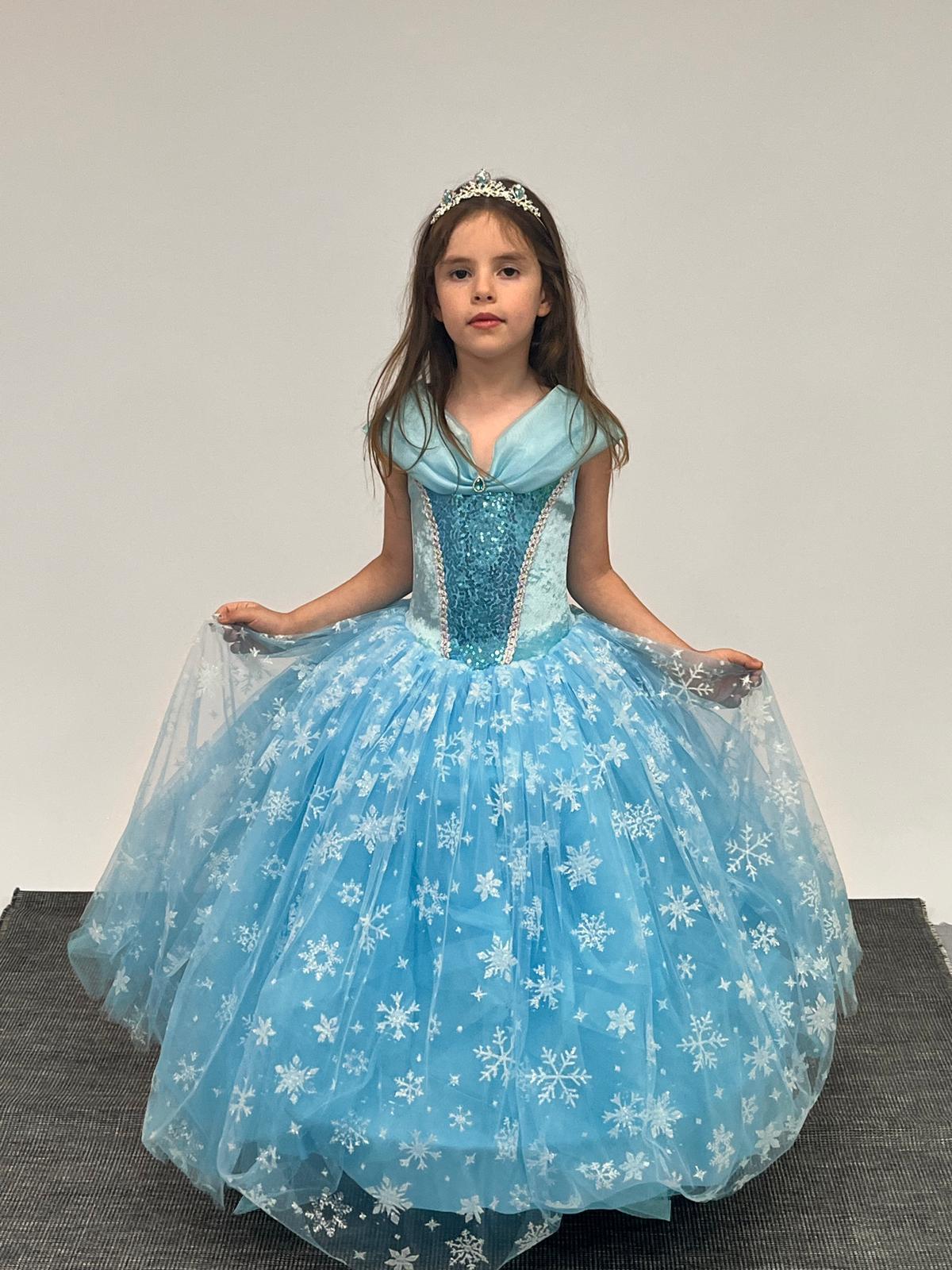 Kız Çocuk Kostüm Mavi Elsa Frozen   Düşük Omuz Detaylı Kasnaklı Kabarık Elsa Kostüm 3-8 Yaş