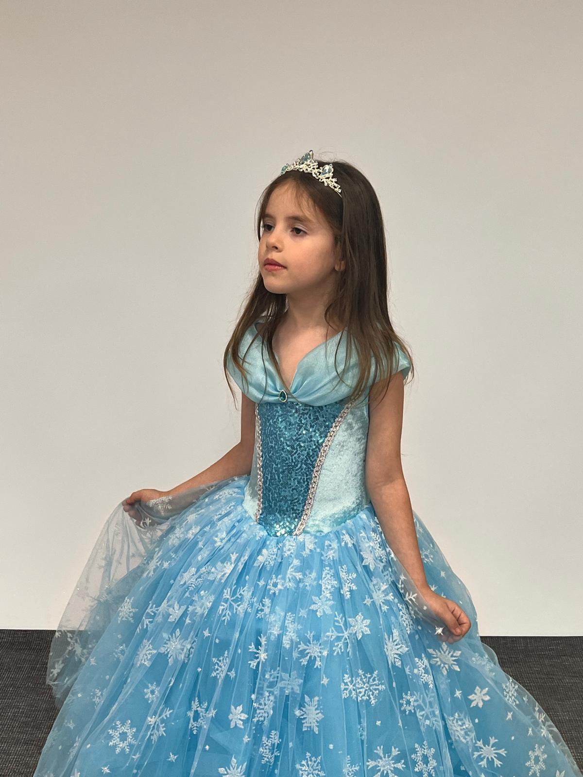 Kız Çocuk Kostüm Mavi Elsa Frozen   Düşük Omuz Detaylı Kasnaklı Kabarık Elsa Kostüm 3-8 Yaş