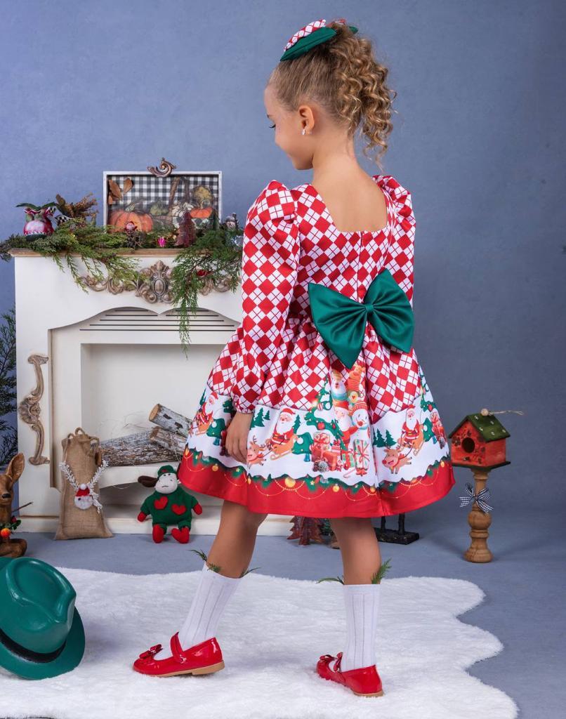 Kız Çocuk Yeniyıl Temalı Kırmızı Kabarık Elbise + toka 1-8 Yaş