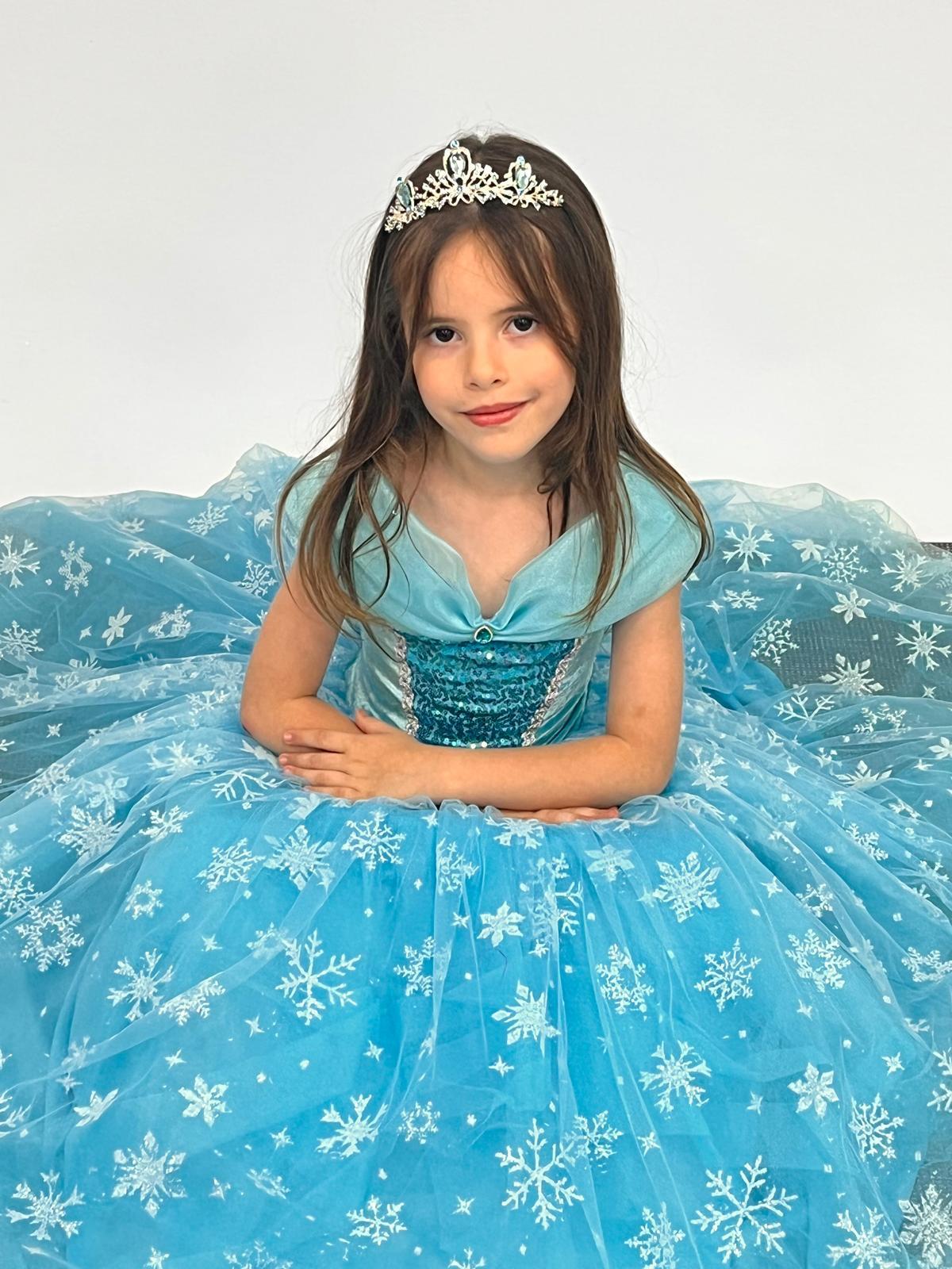 Kız Çocuk Kostüm Mavi Elsa Frozen   Düşük Omuz Detaylı Kasnaklı Kabarık Elsa Kostüm 3-8 Yaş