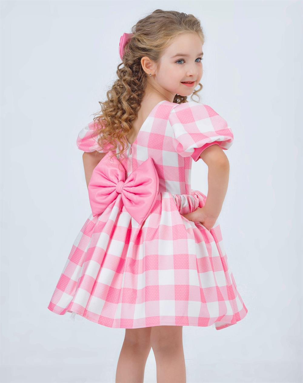 kız çocuk ekoseli barbie elbisesi + toka 2-8 yaş 