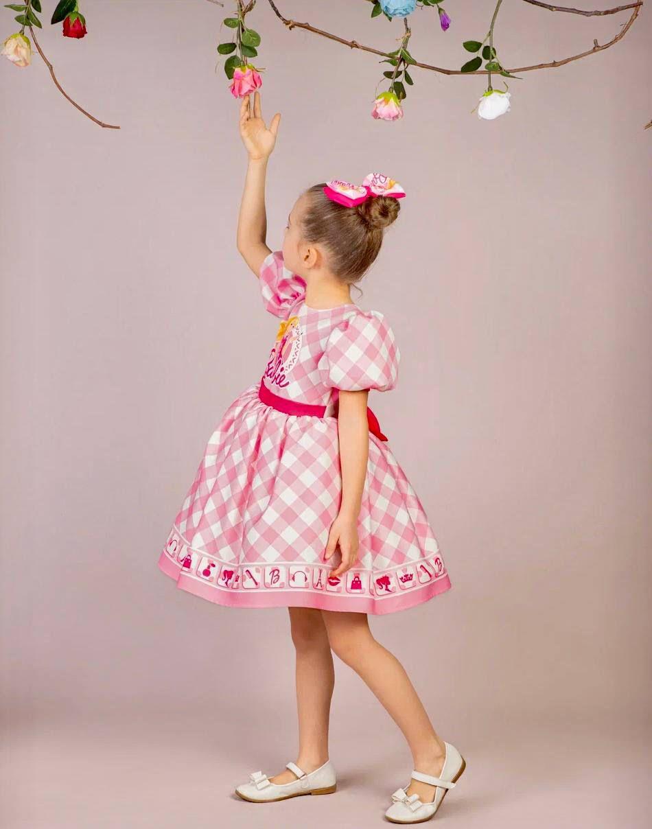 Kız Çocuk Pembe Kabarık Barbie Elbisesi Kısa Toka Hediyeli 1-8 Yaş