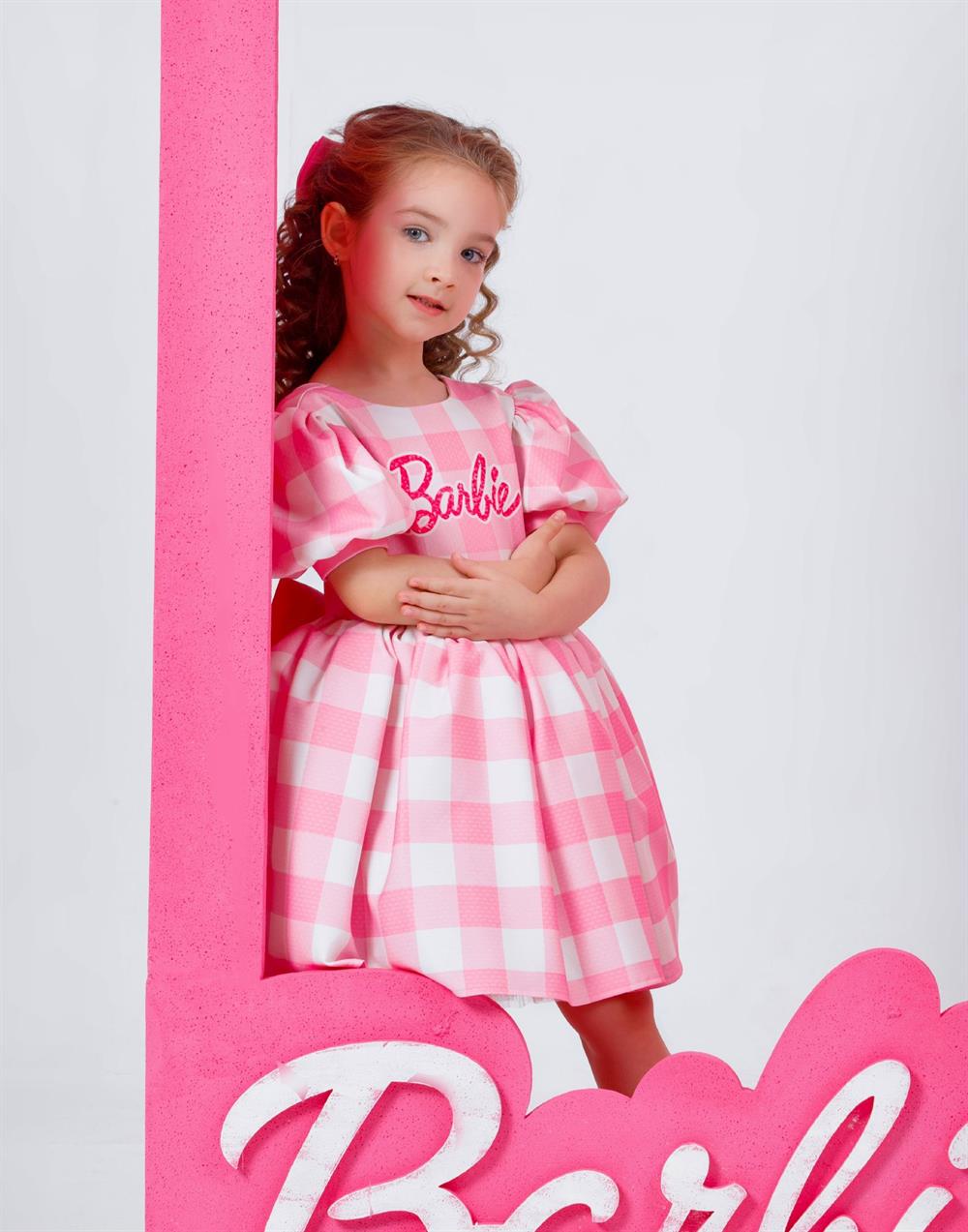 kız çocuk ekoseli barbie elbisesi + toka 2-8 yaş 