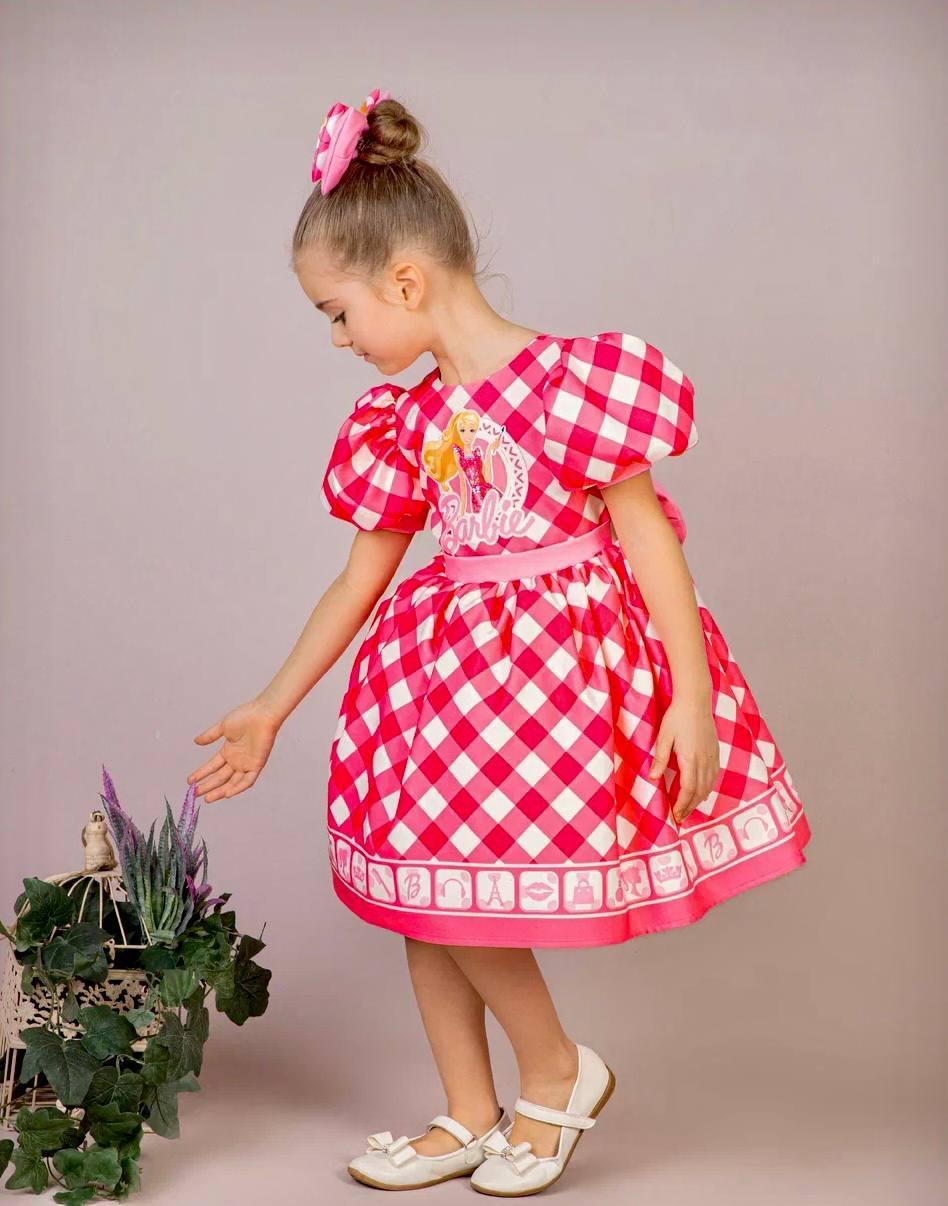 Kız Çocuk Fuşya Kabarık Barbie Elbisesi Kısa Toka Hediyeli 1-8 Yaş