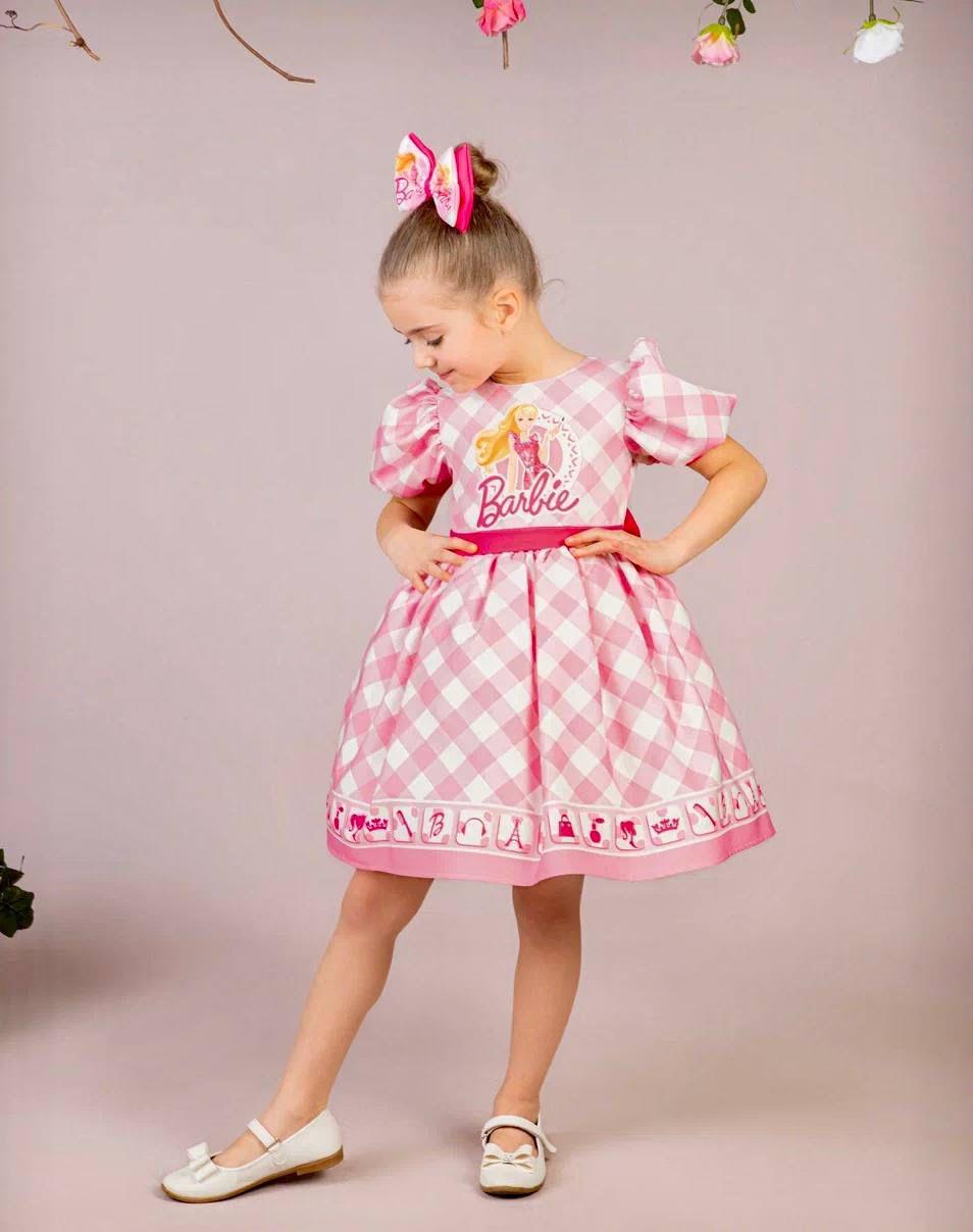 Kız Çocuk Pembe Kabarık Barbie Elbisesi Kısa Toka Hediyeli 1-8 Yaş