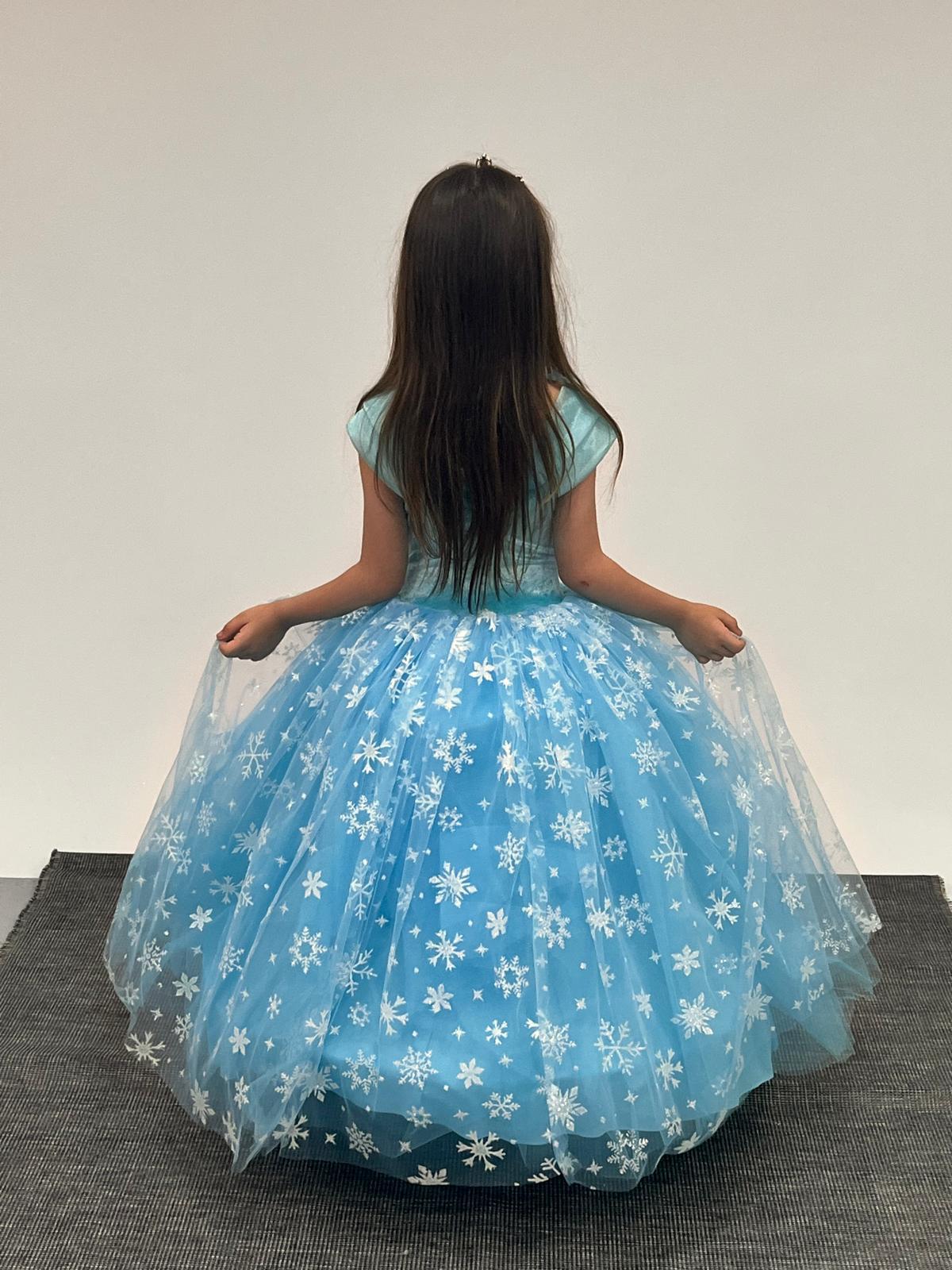 Kız Çocuk Kostüm Mavi Elsa Frozen   Düşük Omuz Detaylı Kasnaklı Kabarık Elsa Kostüm 3-8 Yaş