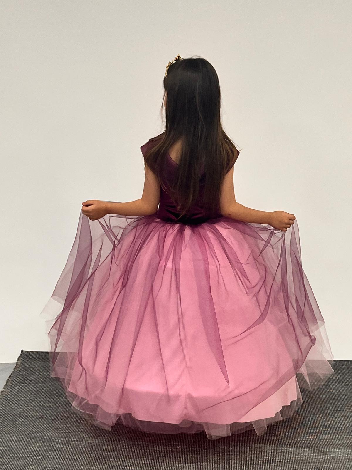 Kız Çocuk Kostüm Mor Düşük Omuz Detaylı Kasnaklı Kabarık Prenses Elbise 3-8 Yaş