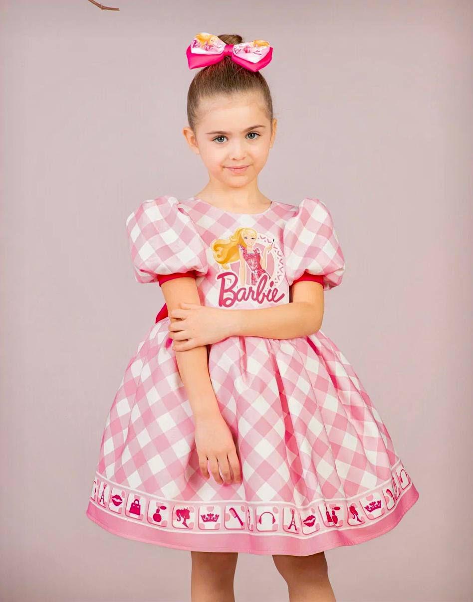 Kız Çocuk Pembe Kabarık Barbie Elbisesi Kısa Toka Hediyeli 1-8 Yaş