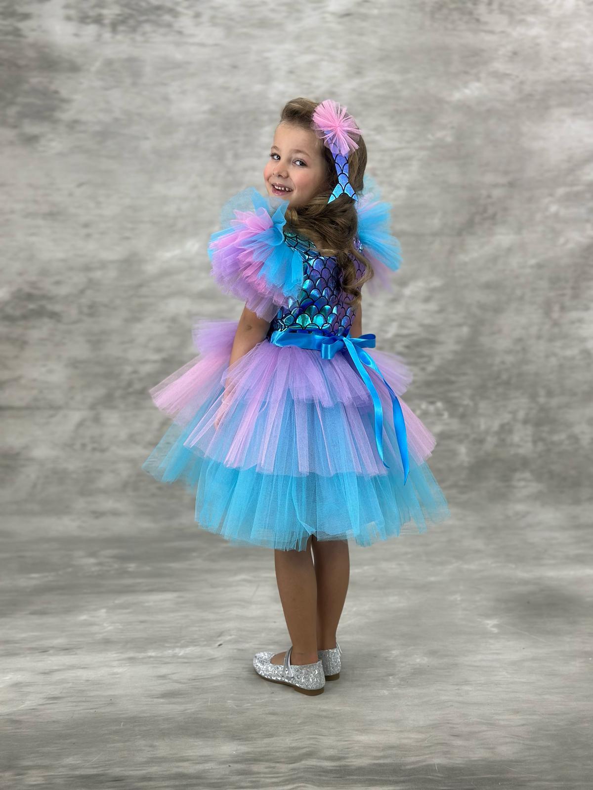 Kız Çocuk Kostüm Deniz Kızı Kısa Kat Kat Etekli Kollar Tül Renkli + Toka 4-8 Yaş