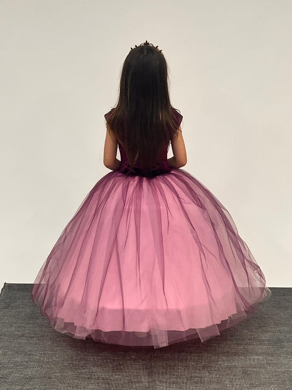 Kız Çocuk Kostüm Mor Düşük Omuz Detaylı Kasnaklı Kabarık Prenses Elbise 3-8 Yaş