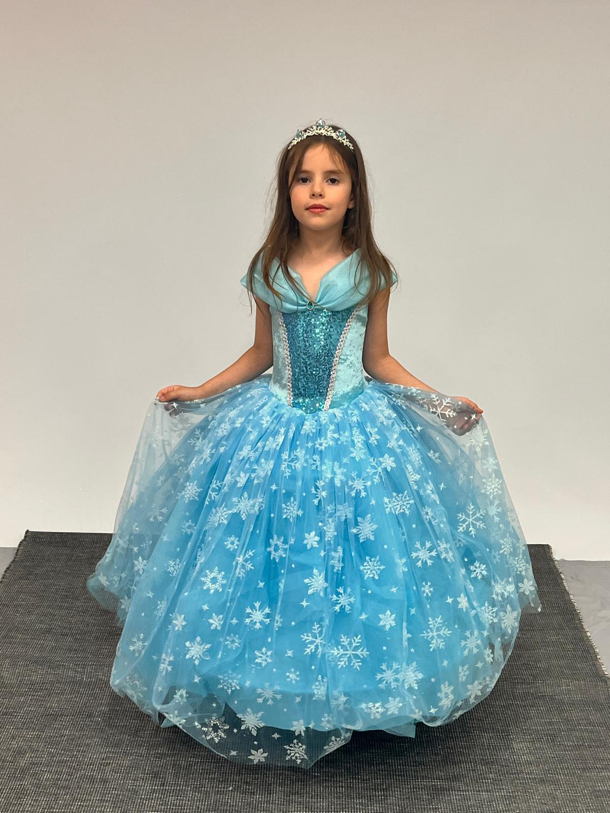 Kız Çocuk Kostüm Mavi Elsa Frozen   Düşük Omuz Detaylı Kasnaklı Kabarık Elsa Kostüm 3-8 Yaş