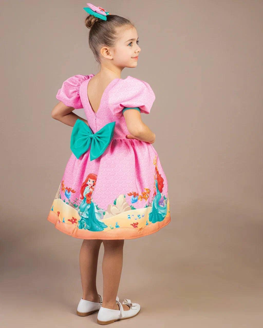 Kız Çocuk Pembe Kabarık Deniz Kızı Elbisesi Kısa Kollu Toka Hediyeli 1-8 Yaş