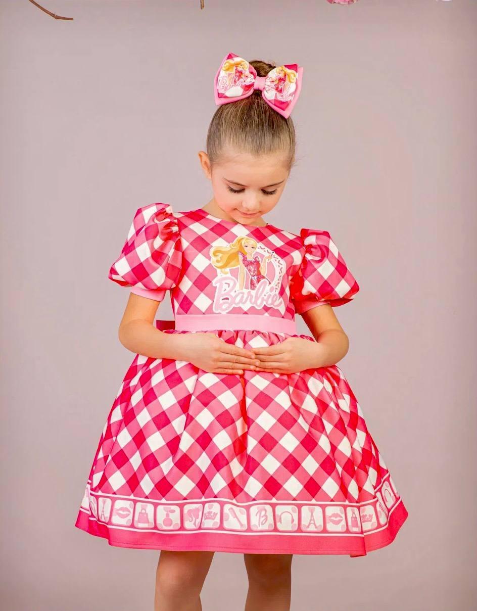 Kız Çocuk Fuşya Kabarık Barbie Elbisesi Kısa Toka Hediyeli 1-8 Yaş