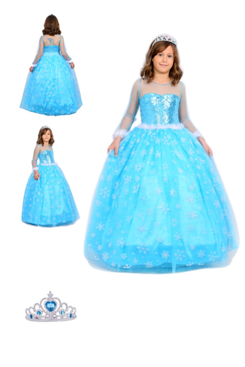 Prenses Elsa Kostümü Uzun Kollu Elsa Kostümü 1-12 Yaş Taç Hediyeli 