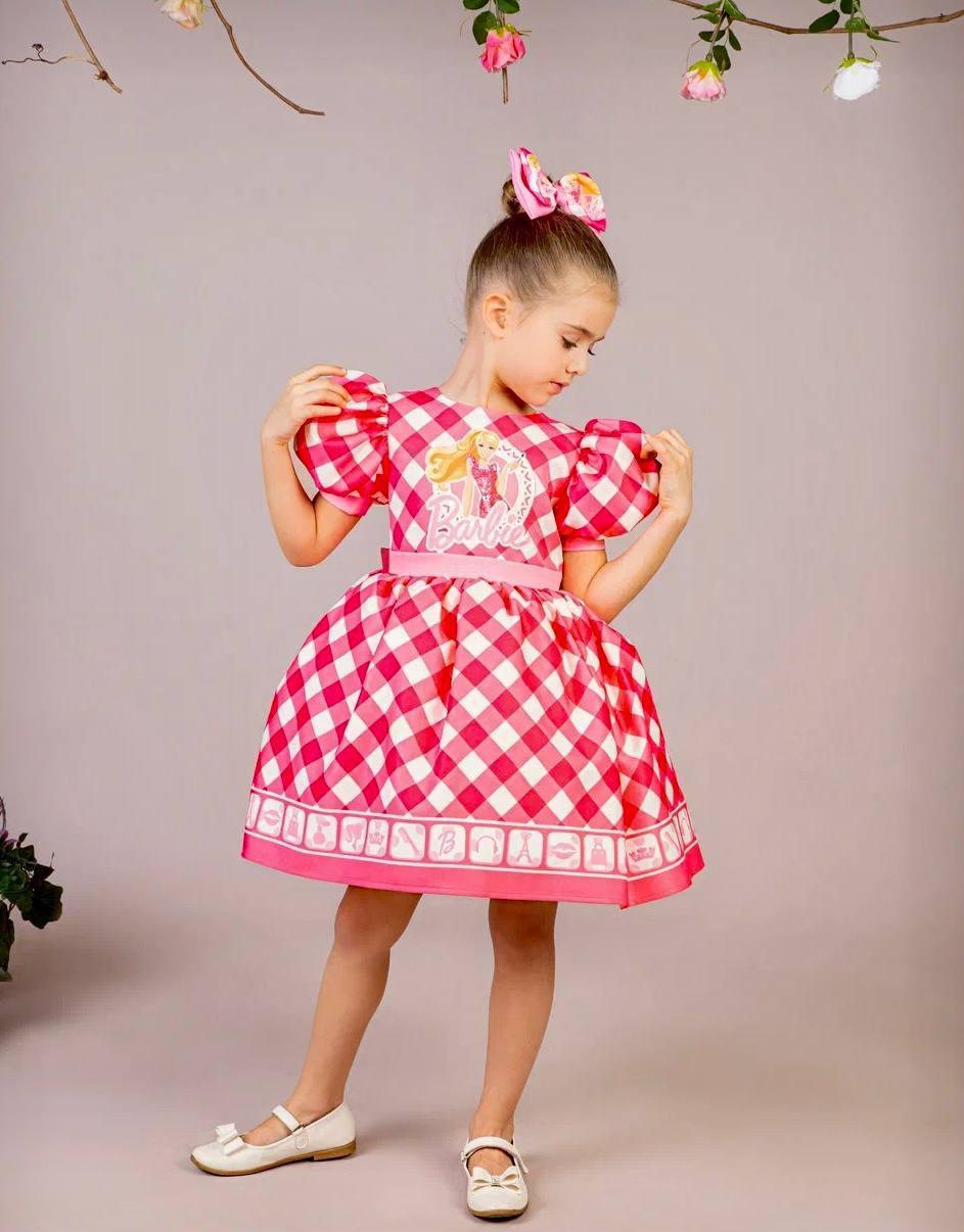 Kız Çocuk Fuşya Kabarık Barbie Elbisesi Kısa Toka Hediyeli 1-8 Yaş