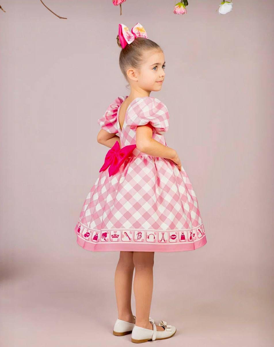 Kız Çocuk Pembe Kabarık Barbie Elbisesi Kısa Toka Hediyeli 1-8 Yaş
