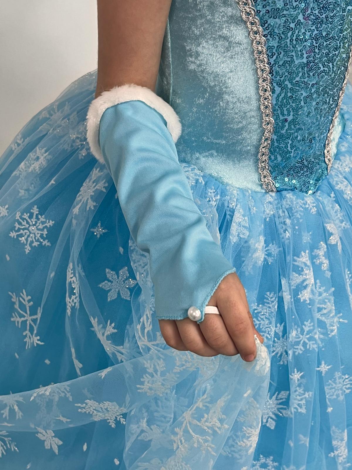 Kız Çocuk Kostüm Mavi Elsa Frozen   Düşük Omuz Detaylı Kasnaklı Kabarık Elsa Kostüm 3-8 Yaş