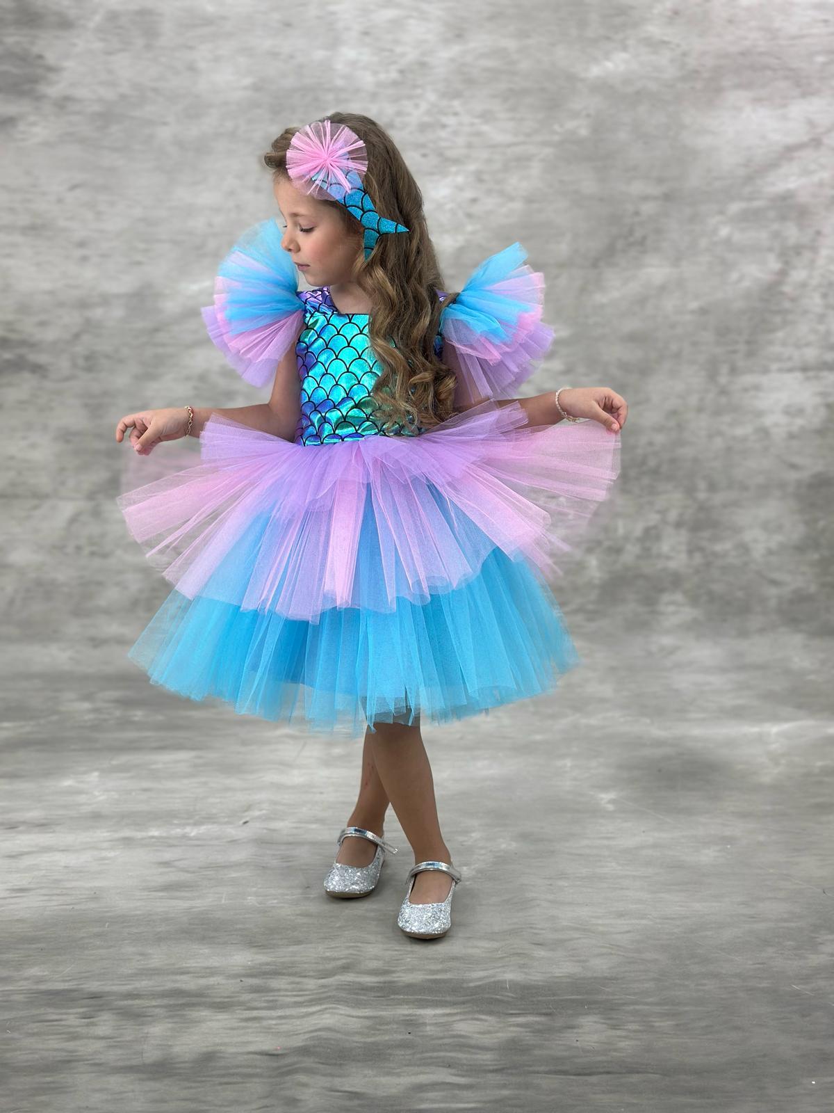 Kız Çocuk Kostüm Deniz Kızı Kısa Kat Kat Etekli Kollar Tül Renkli + Toka 4-8 Yaş