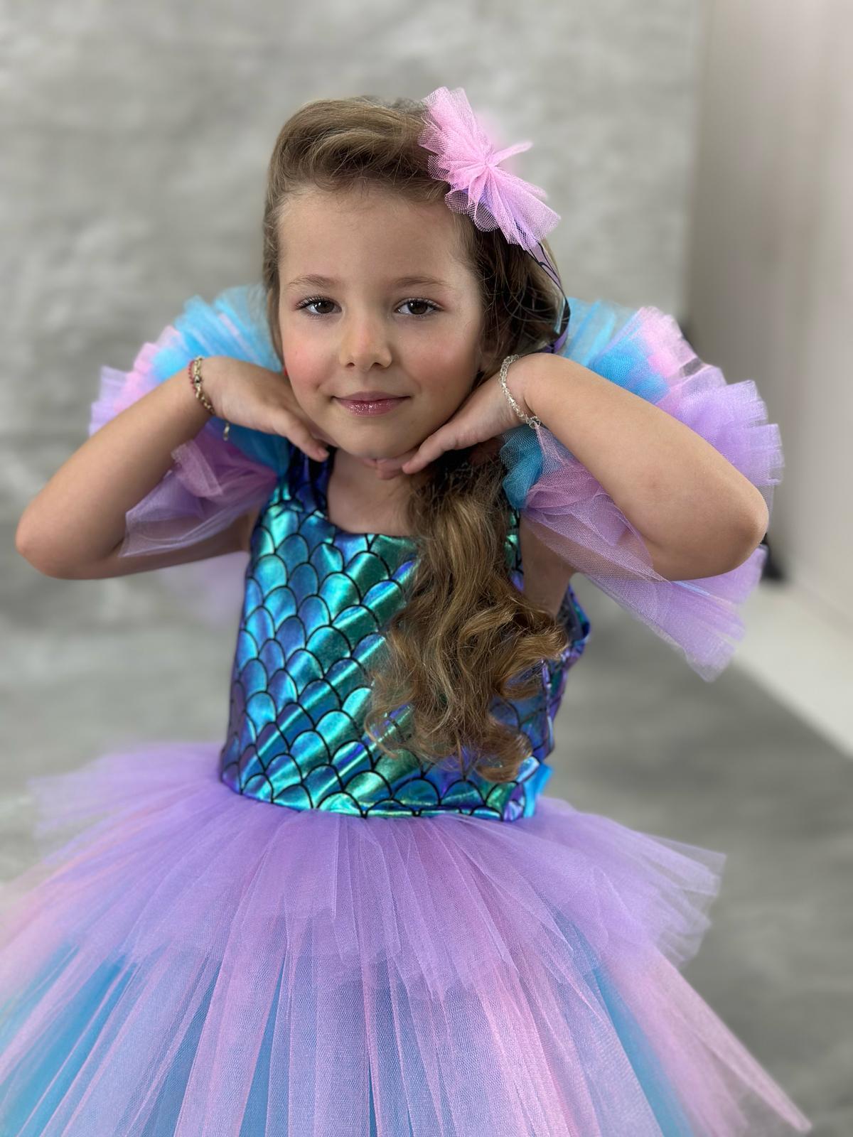 Kız Çocuk Kostüm Deniz Kızı Kısa Kat Kat Etekli Kollar Tül Renkli + Toka 4-8 Yaş