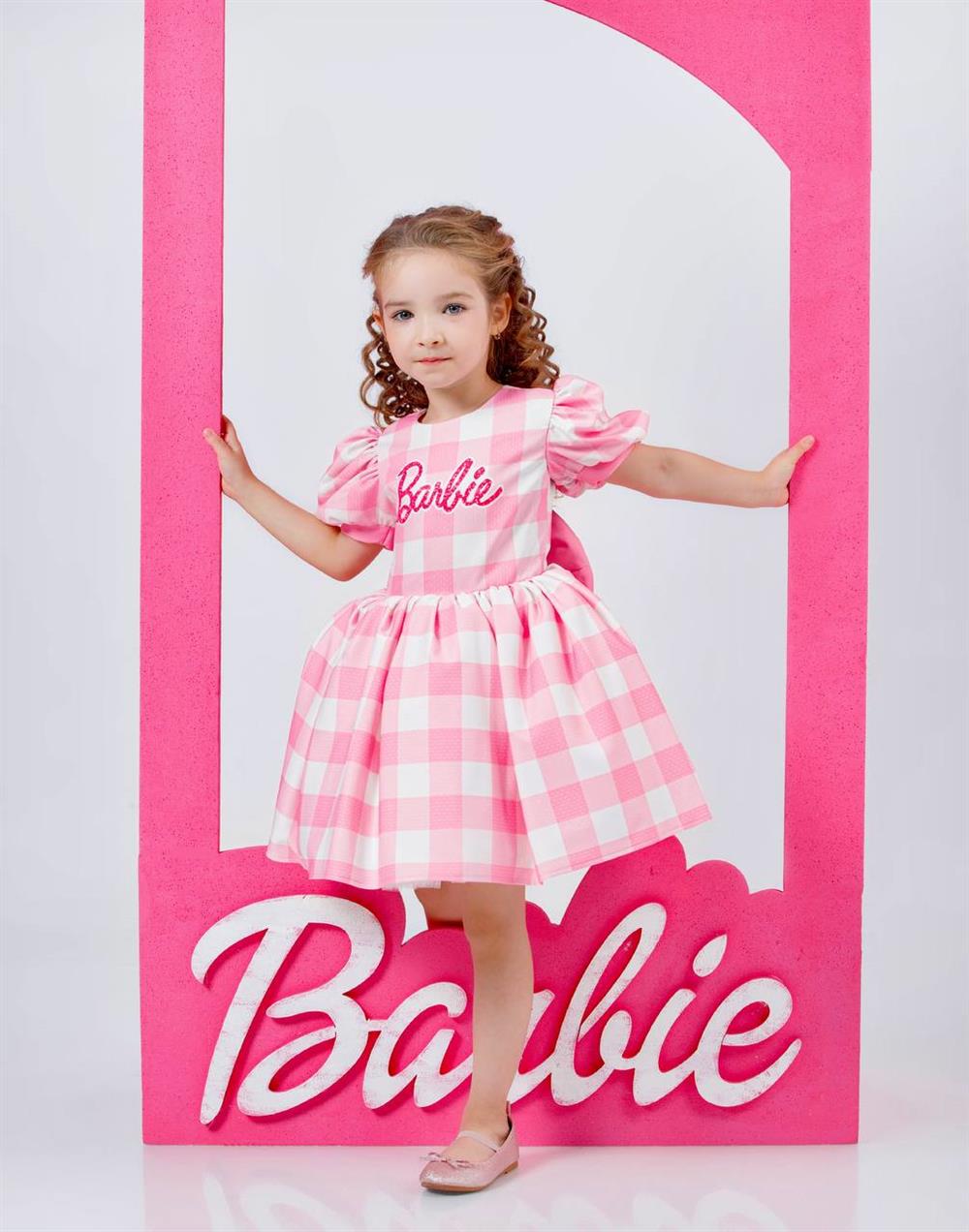 kız çocuk ekoseli barbie elbisesi + toka 2-8 yaş 