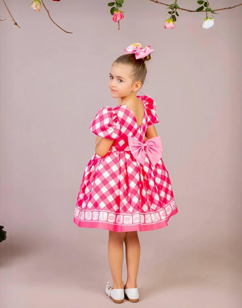 Kız Çocuk Fuşya Kabarık Barbie Elbisesi Kısa Toka Hediyeli 1-8 Yaş