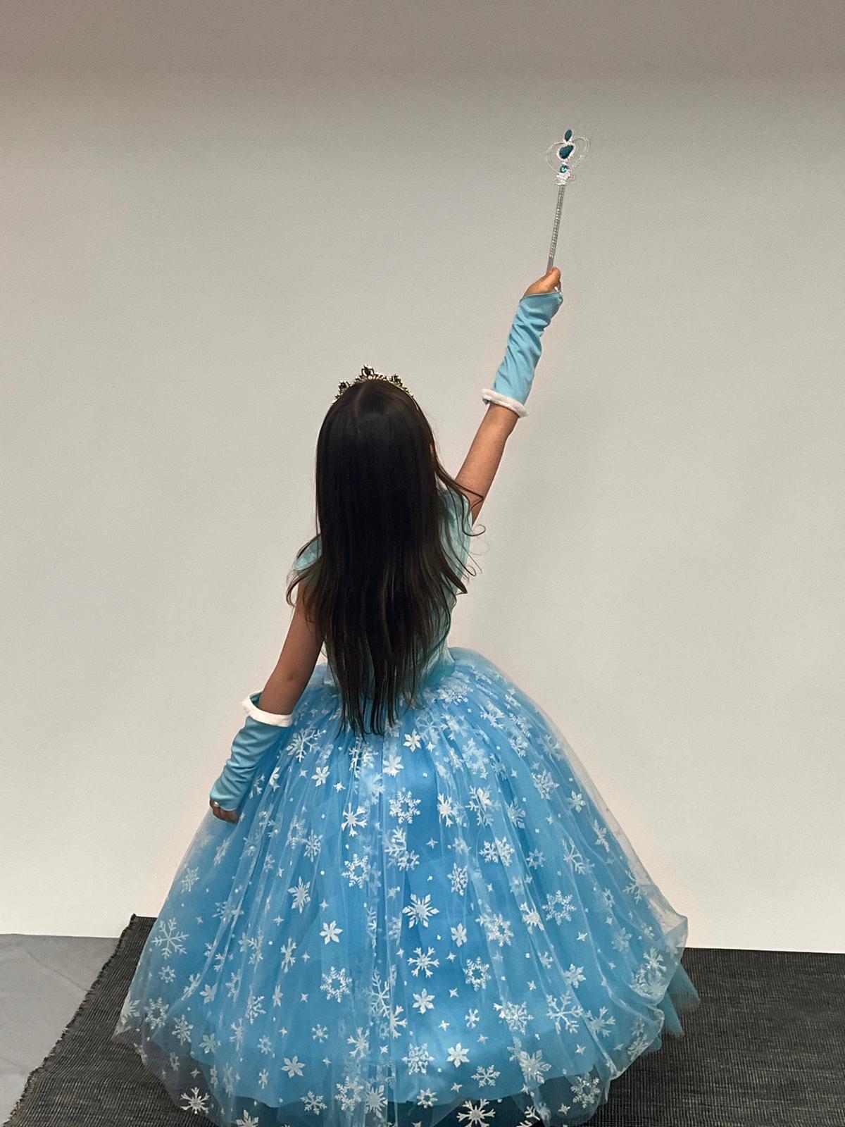 Kız Çocuk Kostüm Mavi Elsa Frozen   Düşük Omuz Detaylı Kasnaklı Kabarık Elsa Kostüm 3-8 Yaş