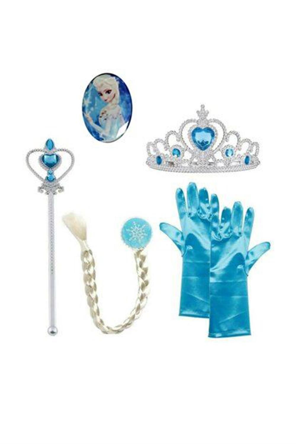 Kız Çocuk Frozen Elsa Kostümü Askılı Bolerolu Takım Taç Asa Saç Eldiven Setli 