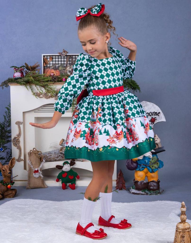 Kız Çocuk Yeniyıl Temalı Yeşil Kabarık Elbise + toka 1-8 Yaş
