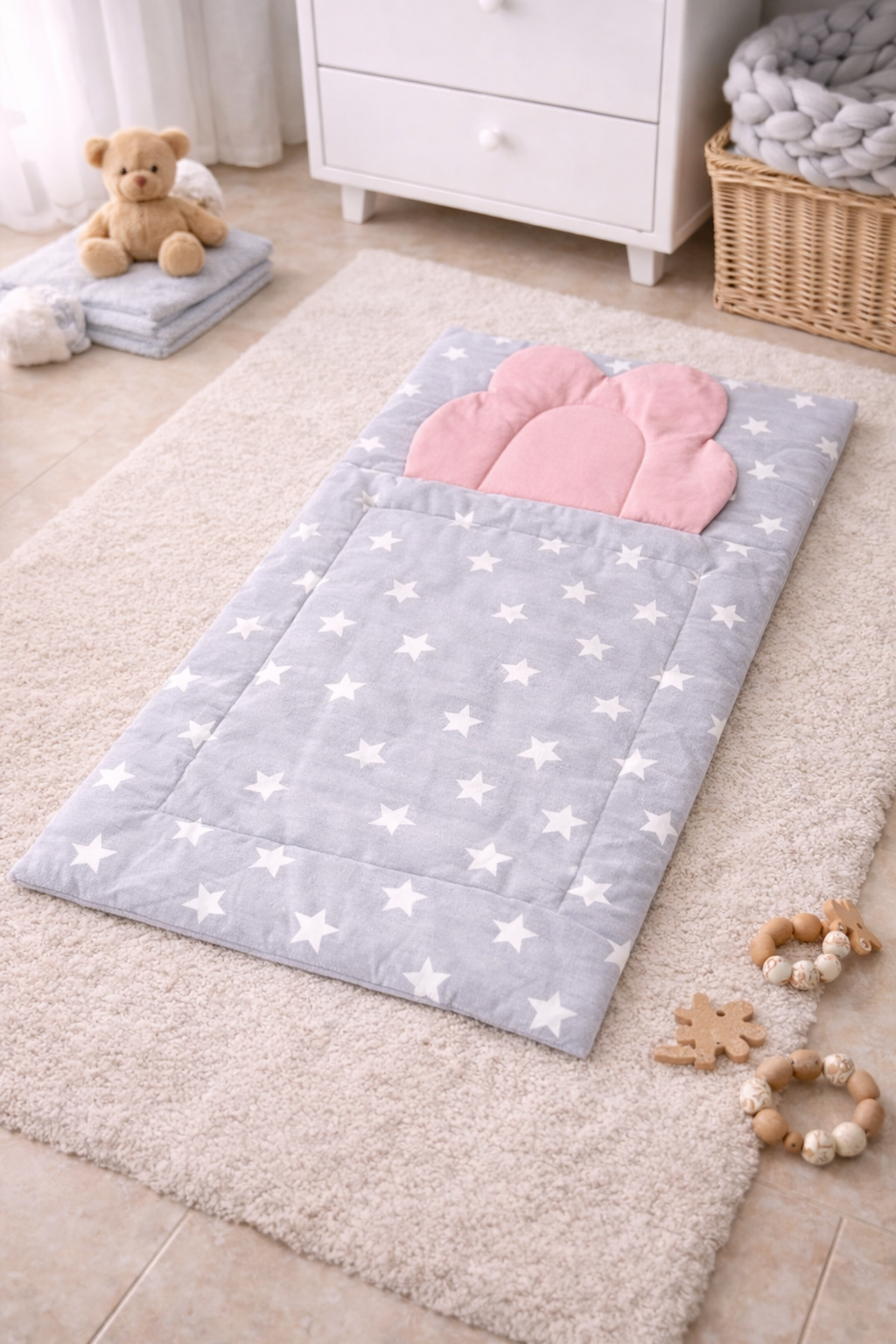  Açık Gri Yıldız Desenli Bebek Alt Açma Minderi 45×75 cm – Yastıklı, Yumuşak ve Konforlu