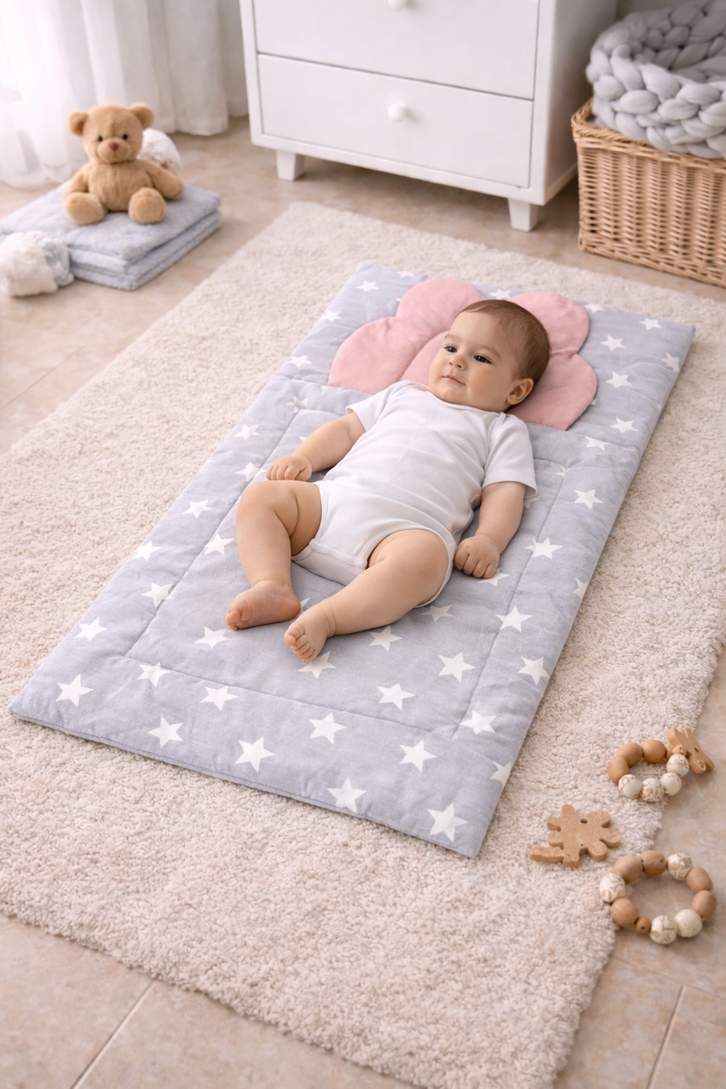  Açık Gri Yıldız Desenli Bebek Alt Açma Minderi 45×75 cm – Yastıklı, Yumuşak ve Konforlu