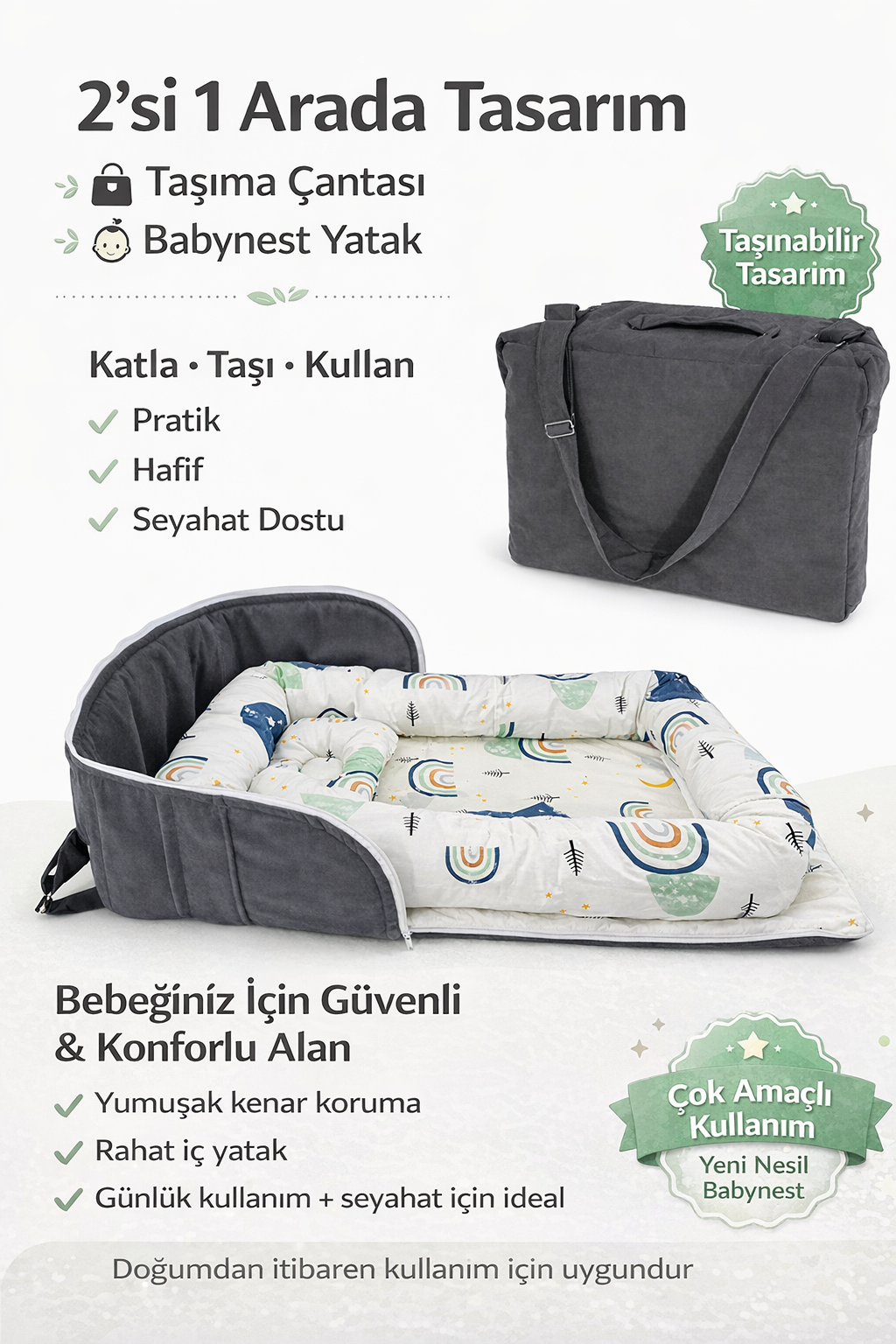 2'si 1 Arada Taşınabilir Babynest & Taşıma Çantası – Katlanabilir, Seyahat Dostu Bebek Yatağı