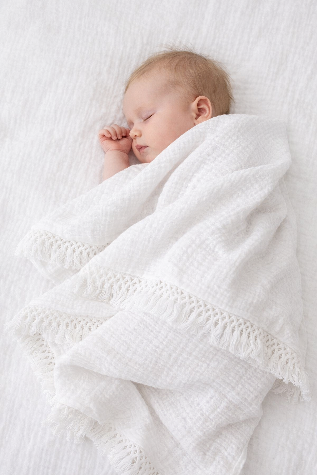 4 Katlı Beyaz Müslin Bebek Battaniyesi 110x110 cm – Nefes Alan %100 Pamuk
