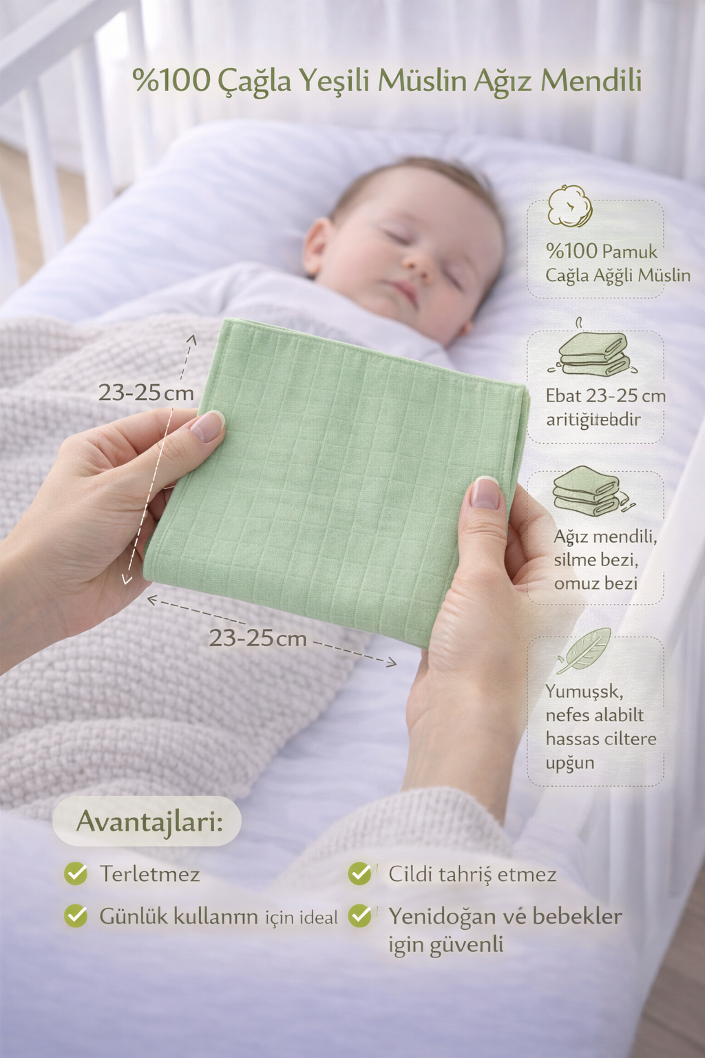 5 Adet Çağla Yeşili Çift Katlı Müslin Kumaş Ağız ve Sırt Mendili