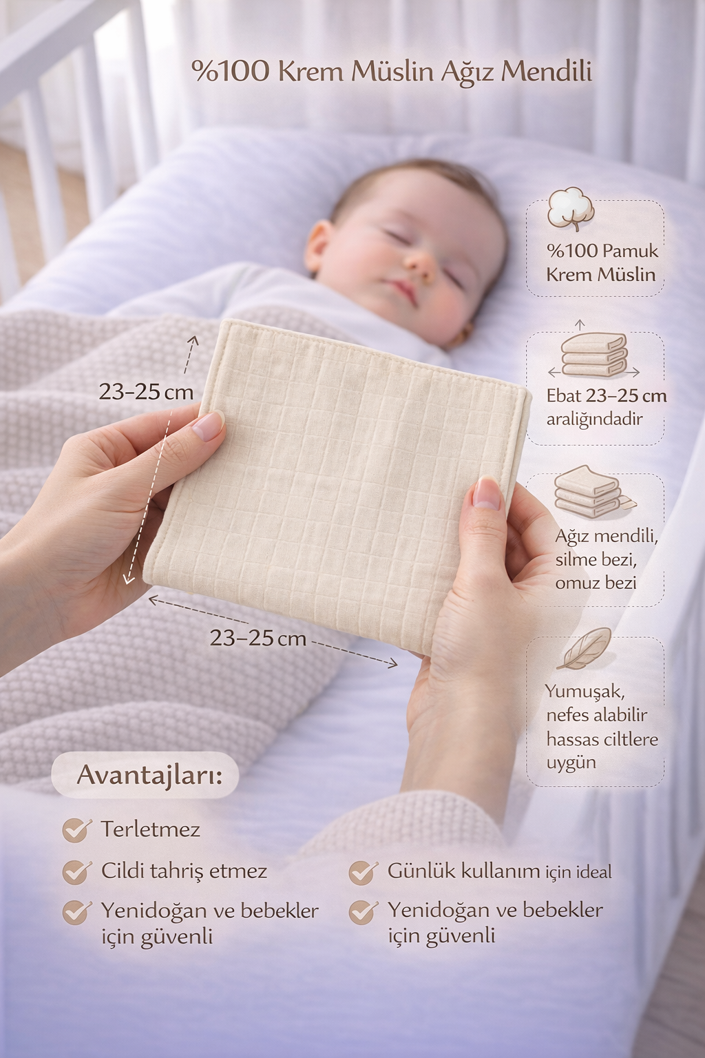 5 Adet Krem Çift Katlı Müslin Kumaş Ağız ve Sırt Mendili